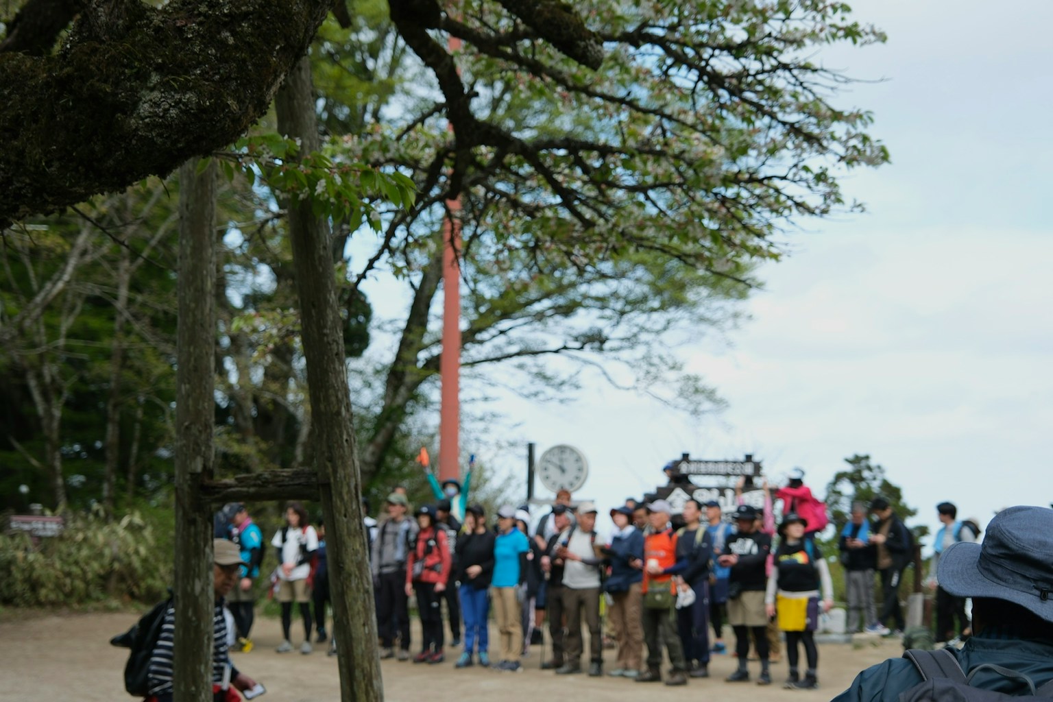 A gathering of people in a scenic outdoor setting with green trees and a blue sky