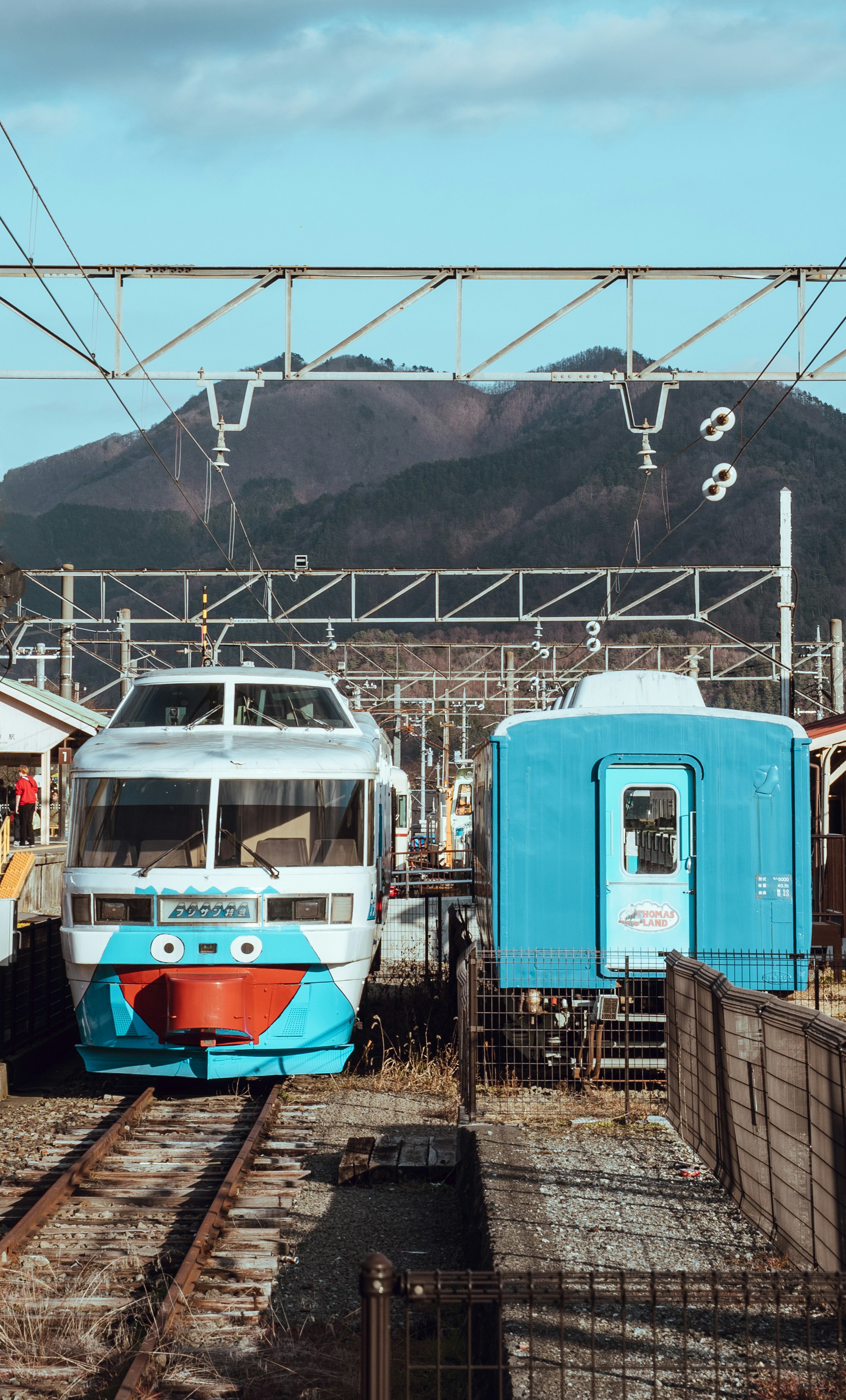 富士山を望む鉄道車両が並ぶ駅のホーム