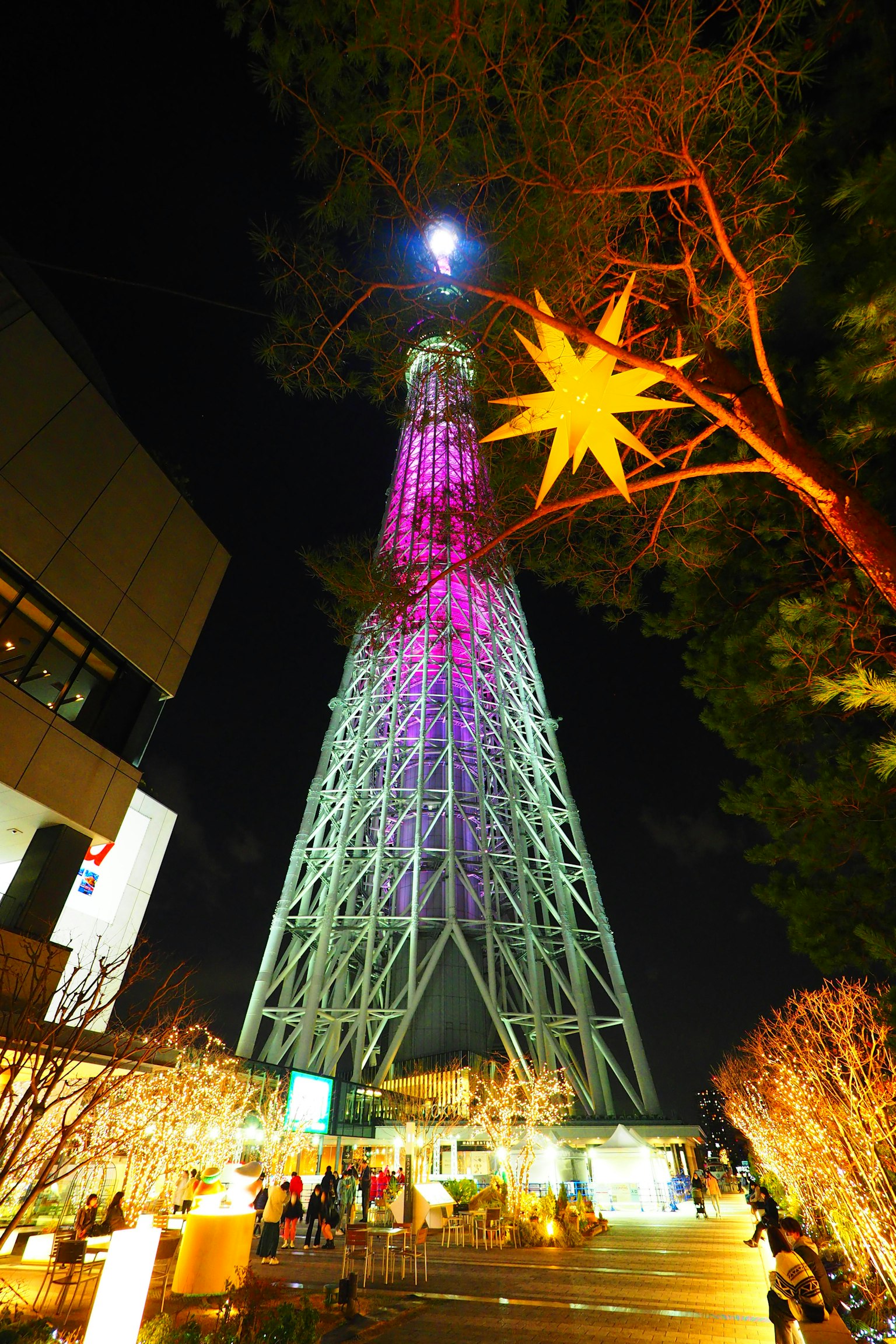 Tokyo Skytree illuminé la nuit avec des lumières colorées et le paysage environnant