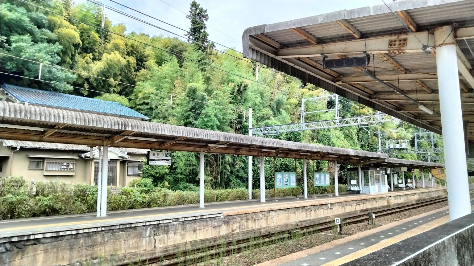 Quiet train station platform with lush greenery