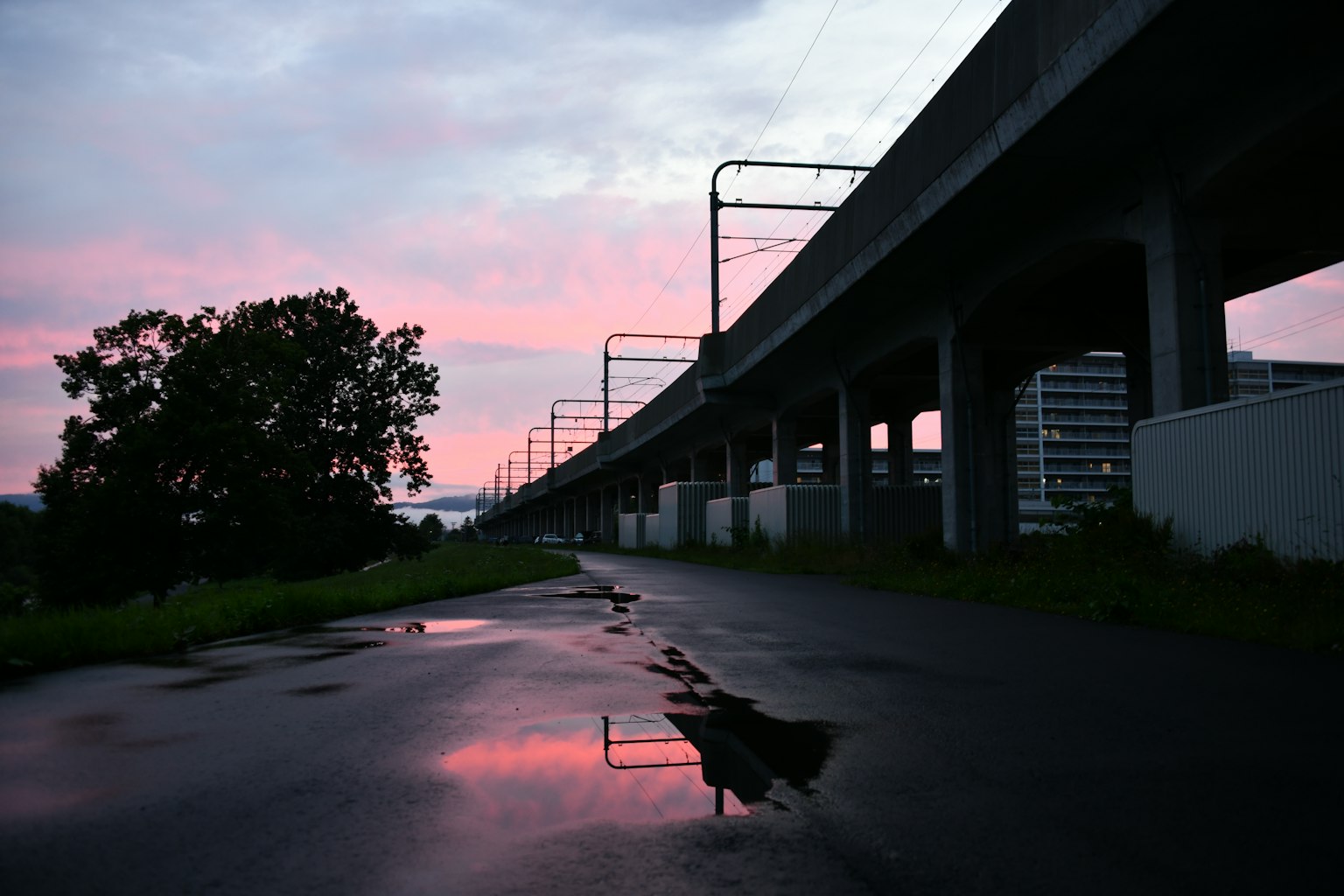 Silueta de un puente elevado contra un cielo al atardecer con un charco reflectante en el pavimento