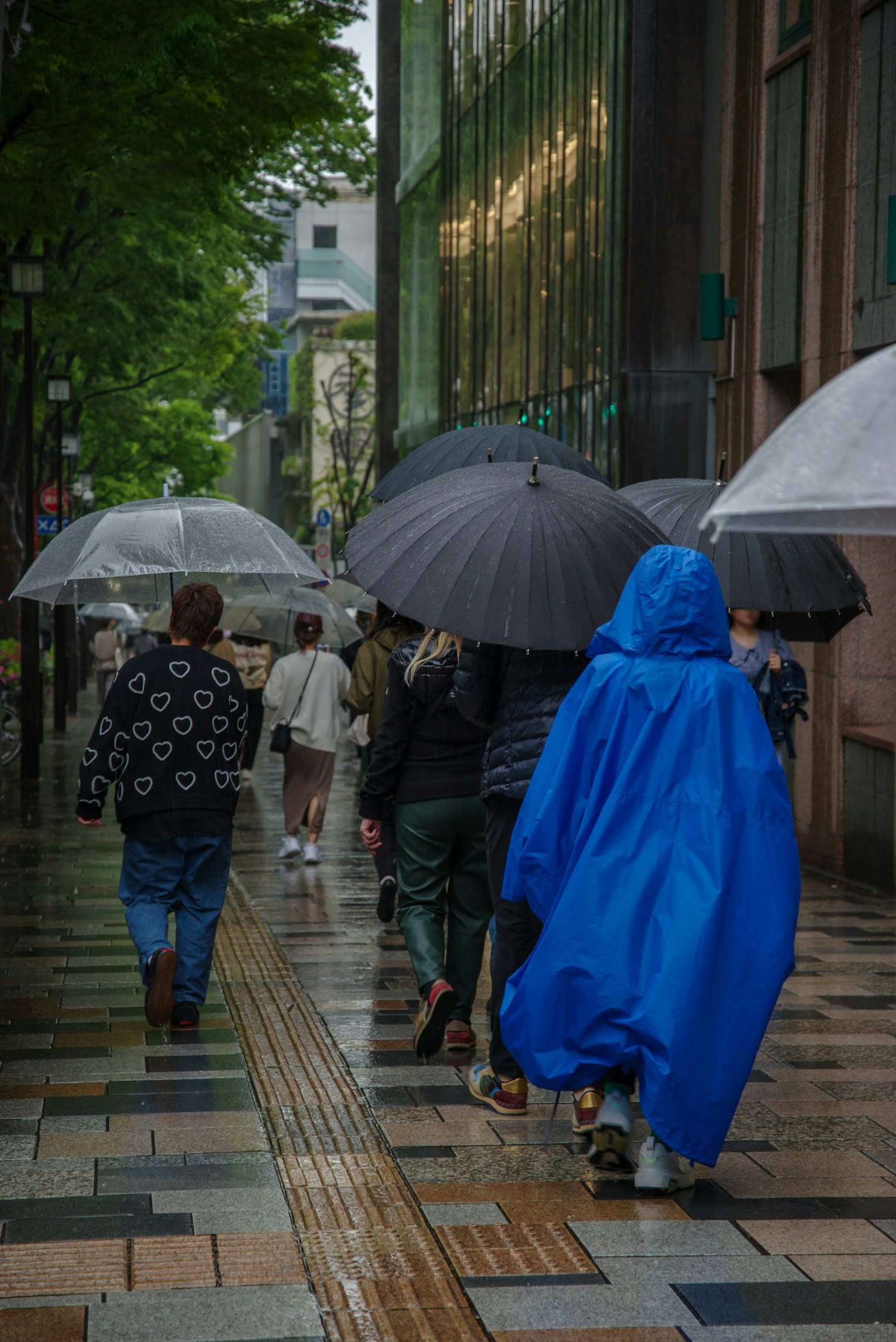 Personas caminando bajo la lluvia con paraguas una persona con un impermeable azul