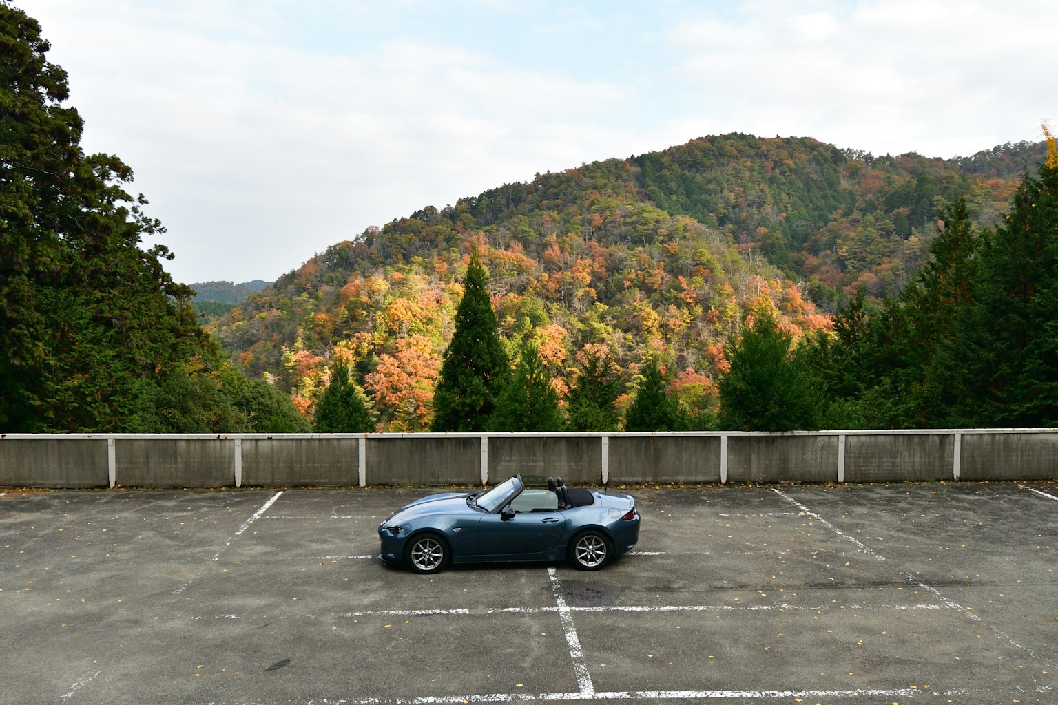 Imagen de un coche convertible azul con un paisaje montañoso al fondo