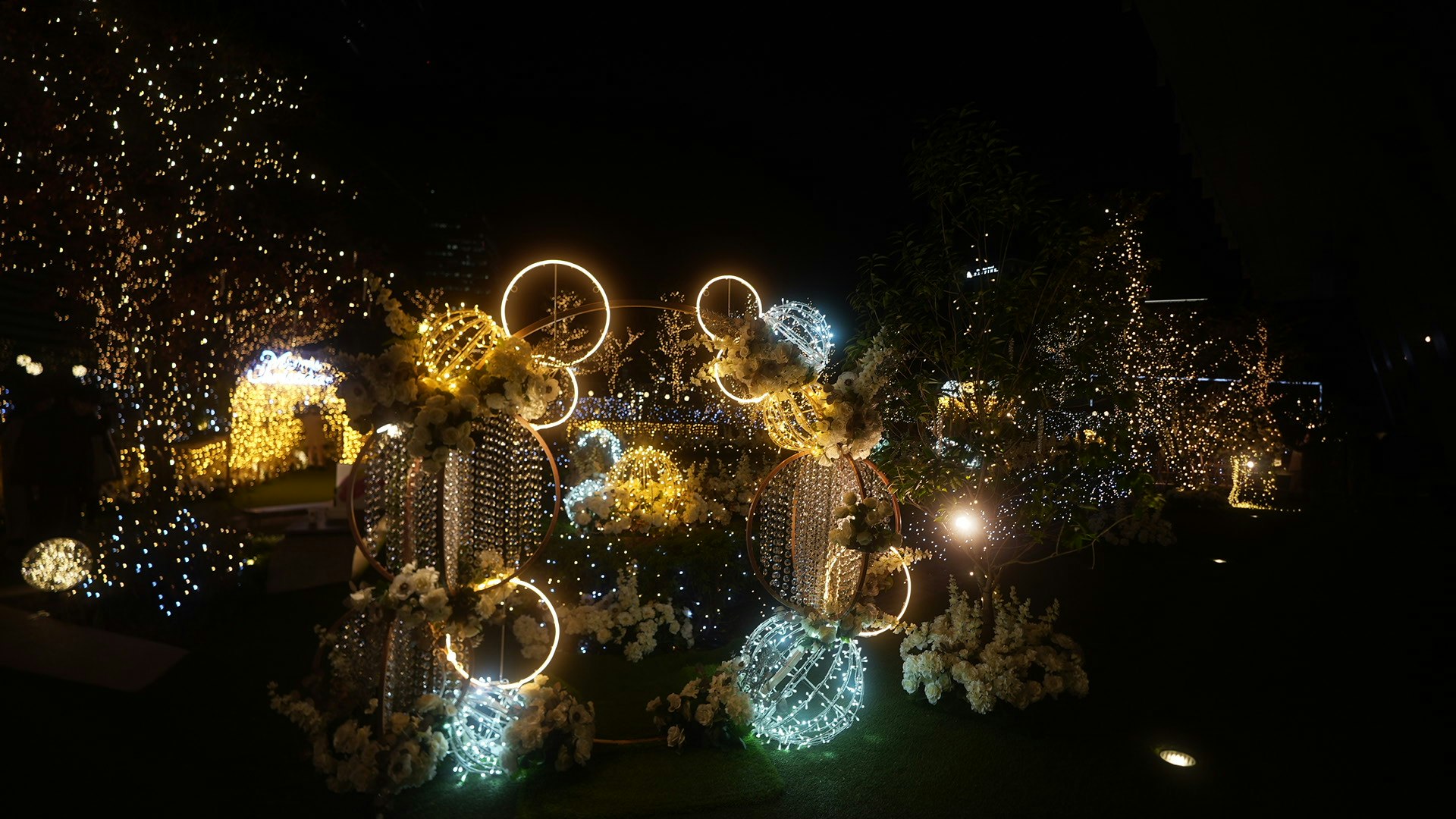 scène nocturne fantastique avec particules lumineuses et effets lumineux circulaires