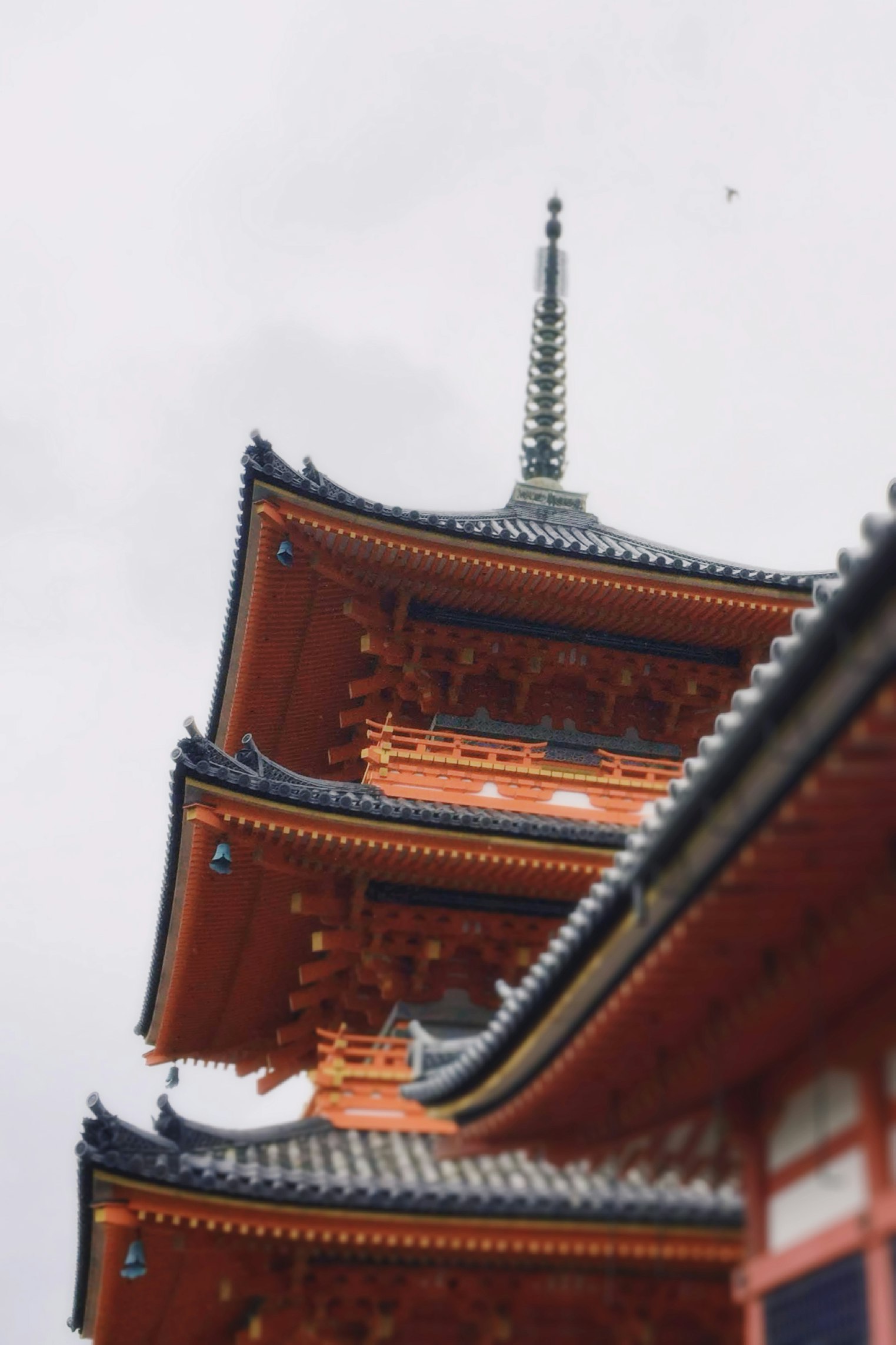 清水寺の朱塗りの建物と五重塔の屋根が見える景観