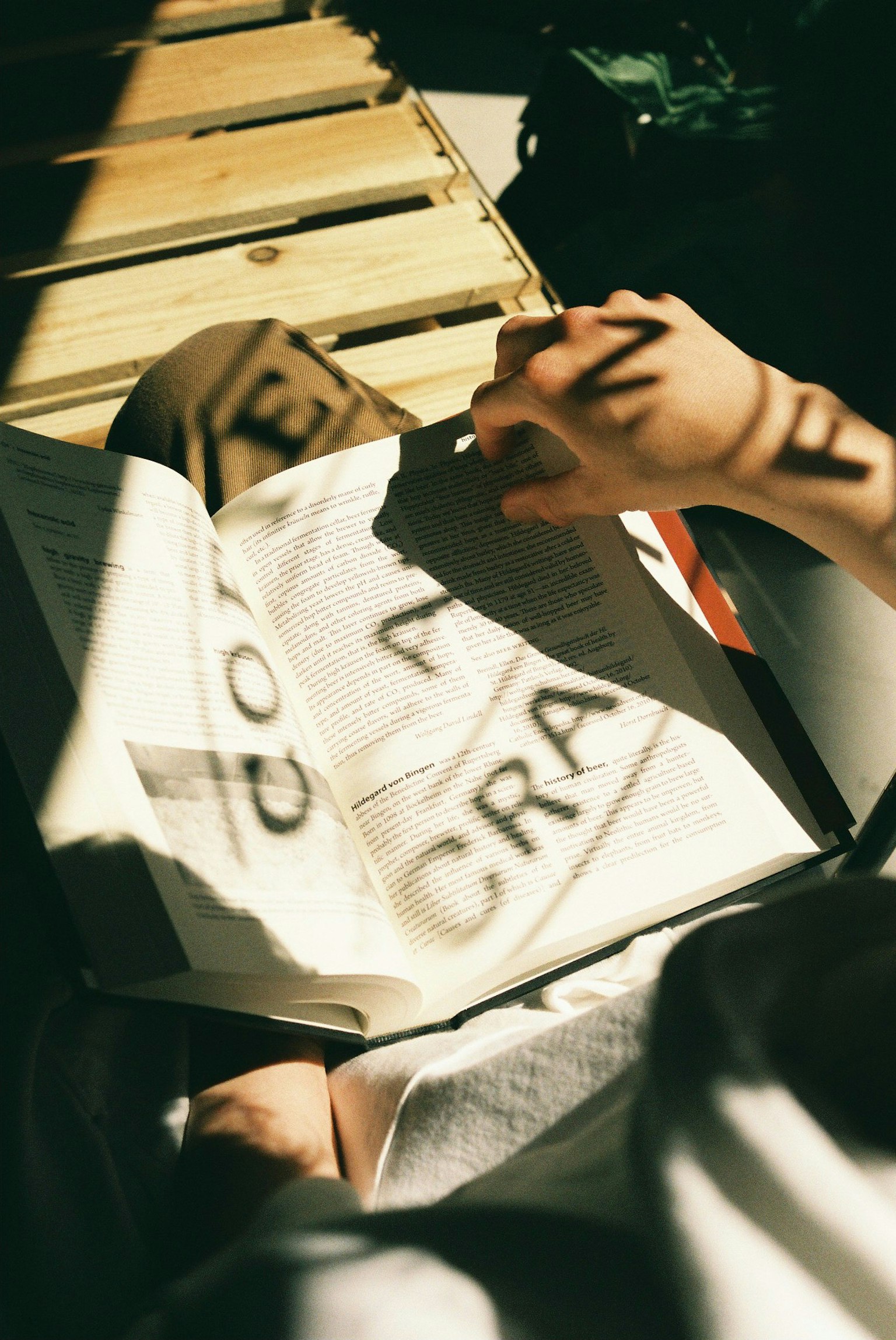 Eine Hand, die ein offenes Buch hält, mit Schatten und Sonnenlicht