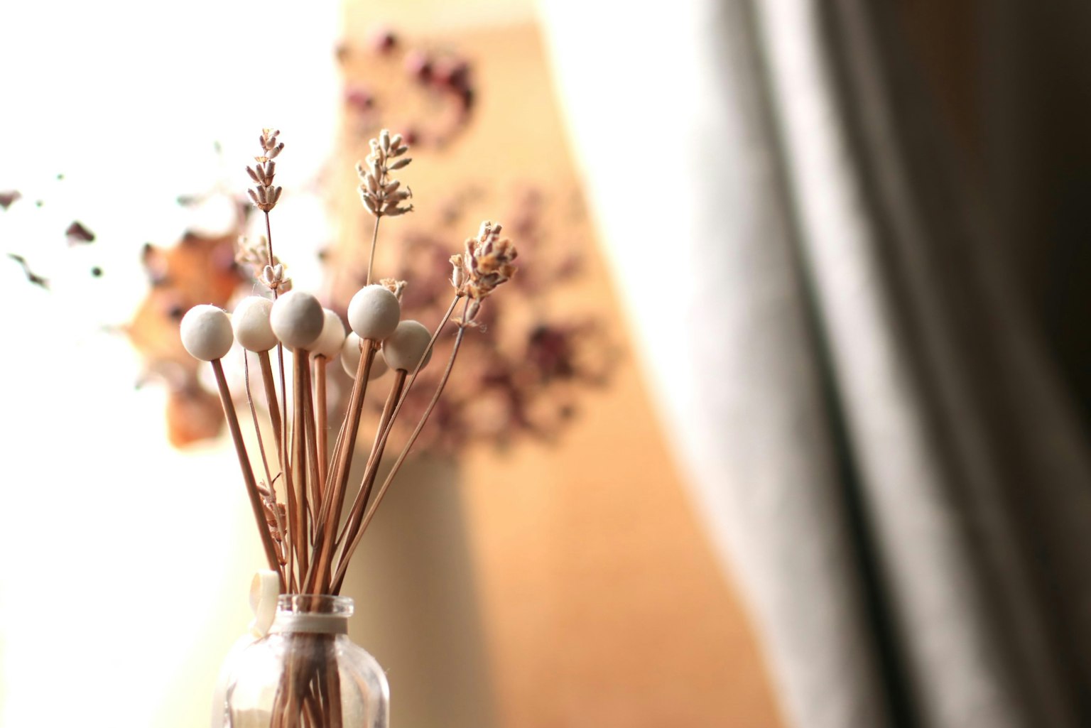 Simple and elegant interior featuring dried flowers and grasses in a clear vase