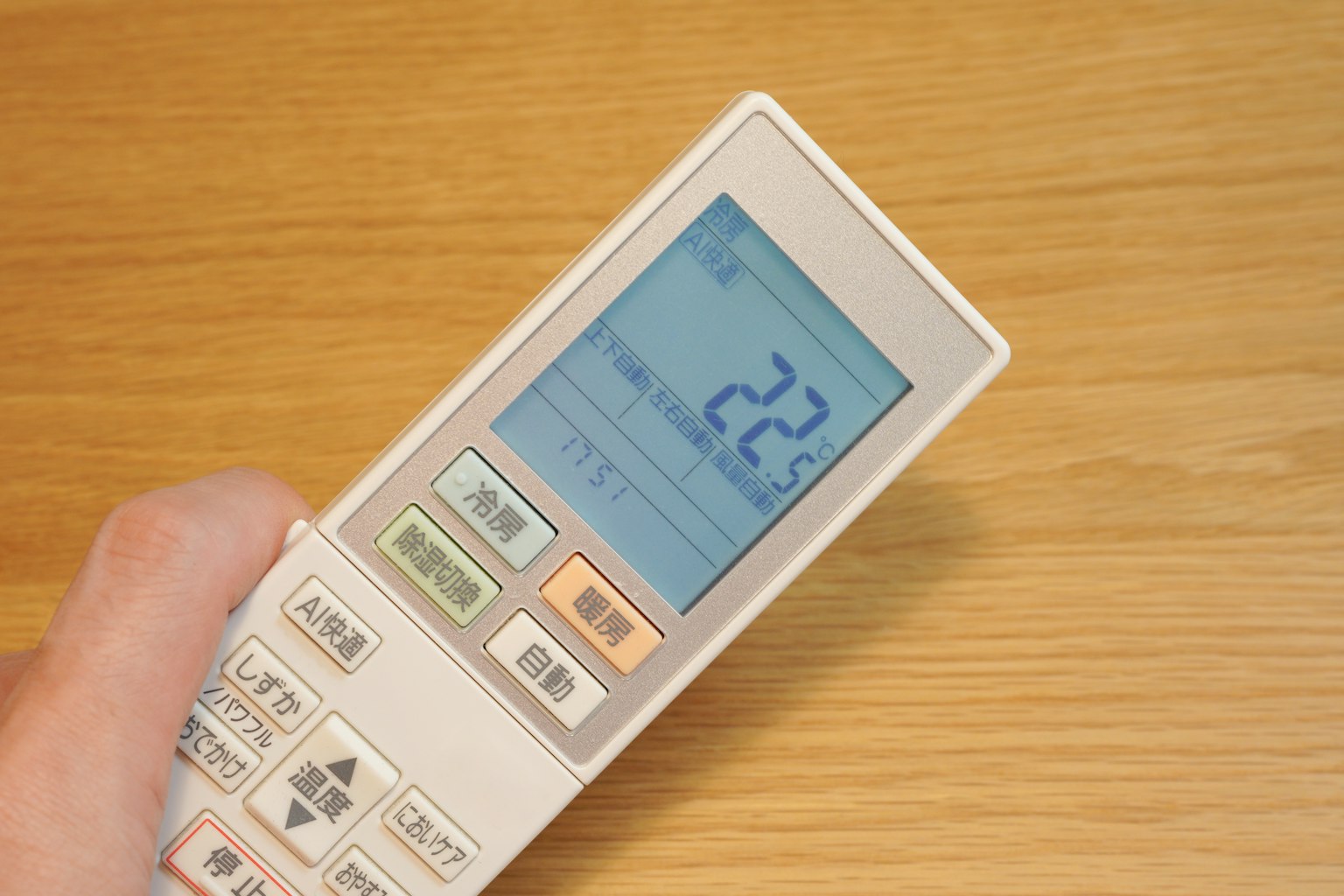 Hand holding a remote control displaying the number 22 on the screen