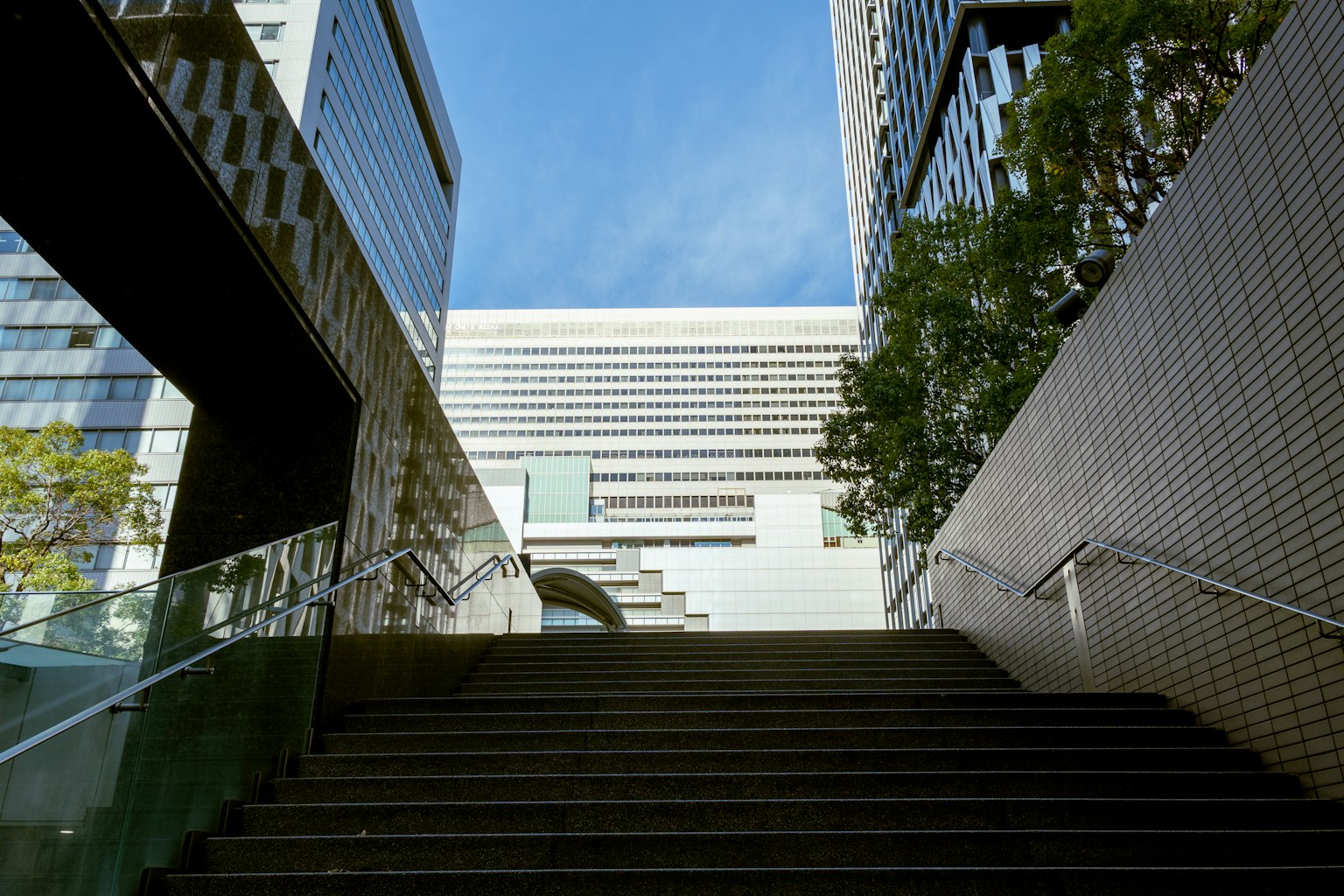 从楼梯底部看现代建筑和蓝天的视角