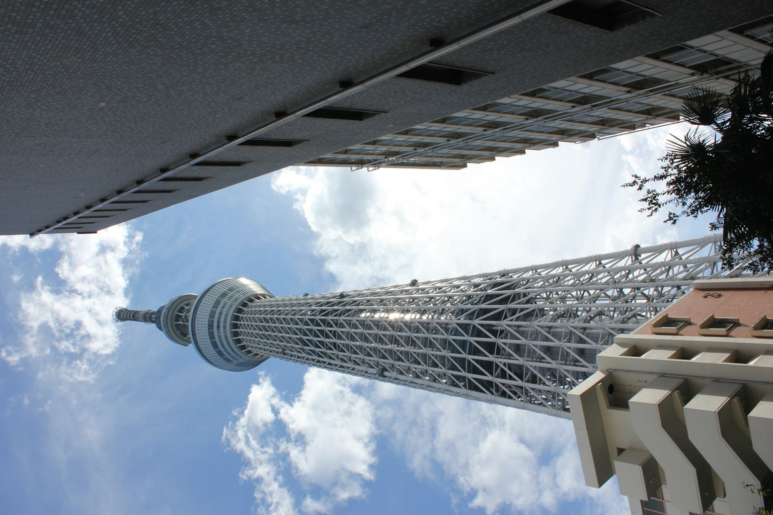 Tokyo Skytree towering above buildings under a blue sky