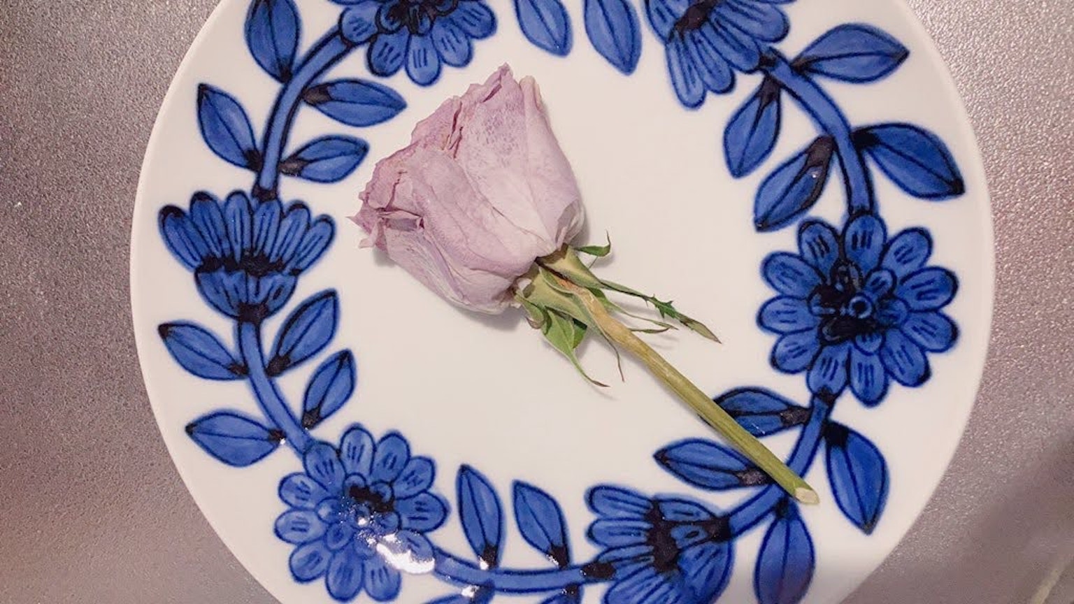 A pale purple rose placed on a blue floral patterned plate