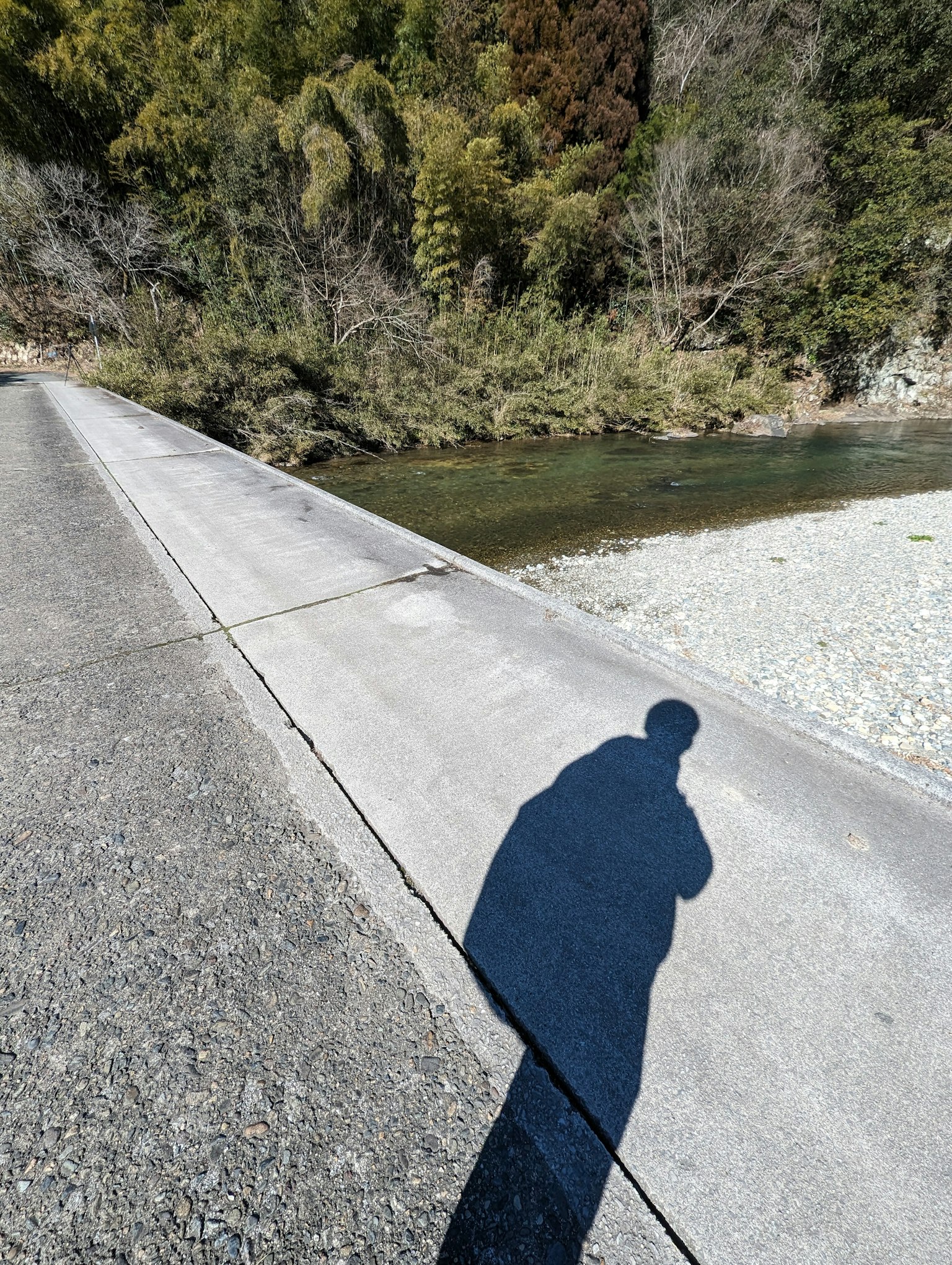 Shadow on a paved path beside a river surrounded by trees