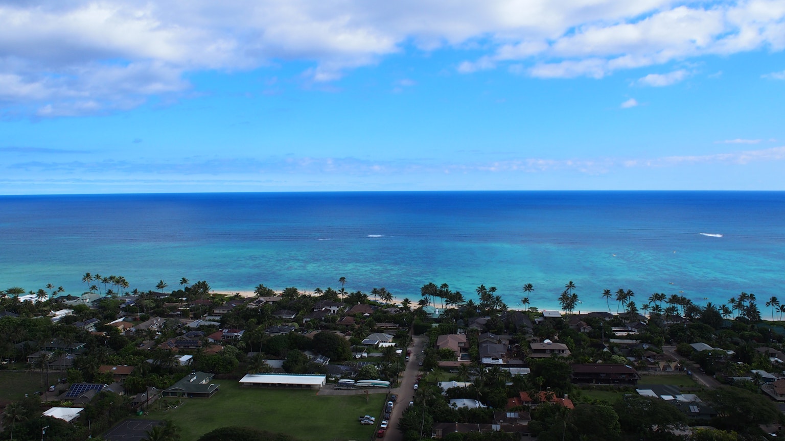 Schöne Aussicht auf den blauen Ozean und den Himmel mit sichtbarem Strand und Palmen
