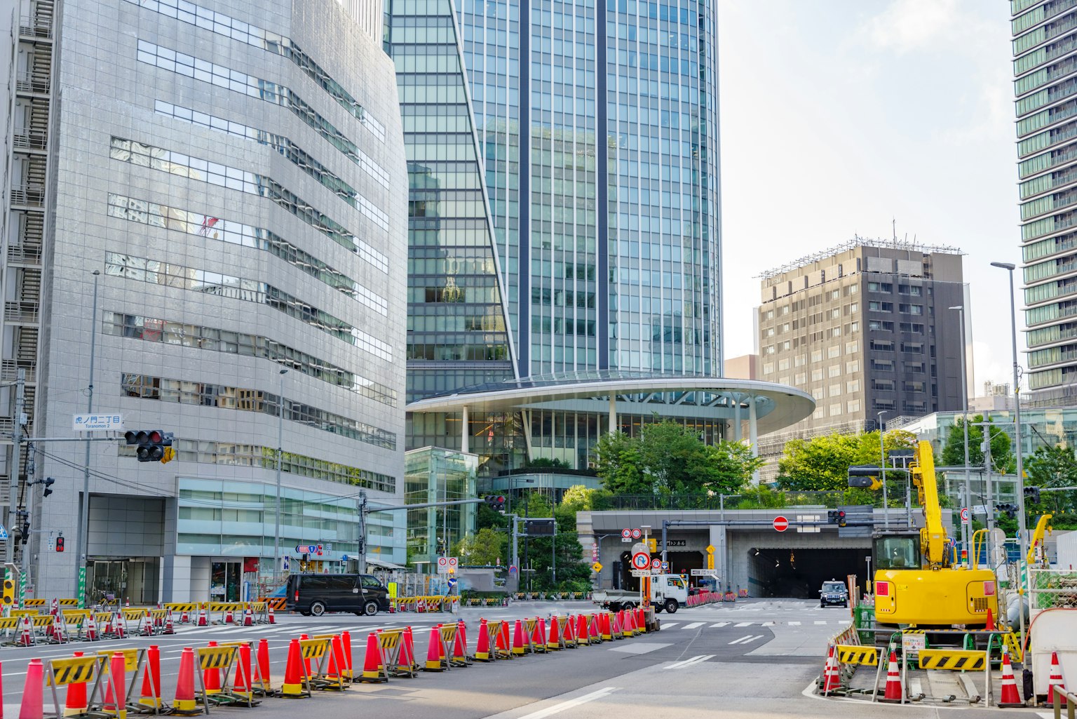 Urban landscape with skyscrapers and construction zone