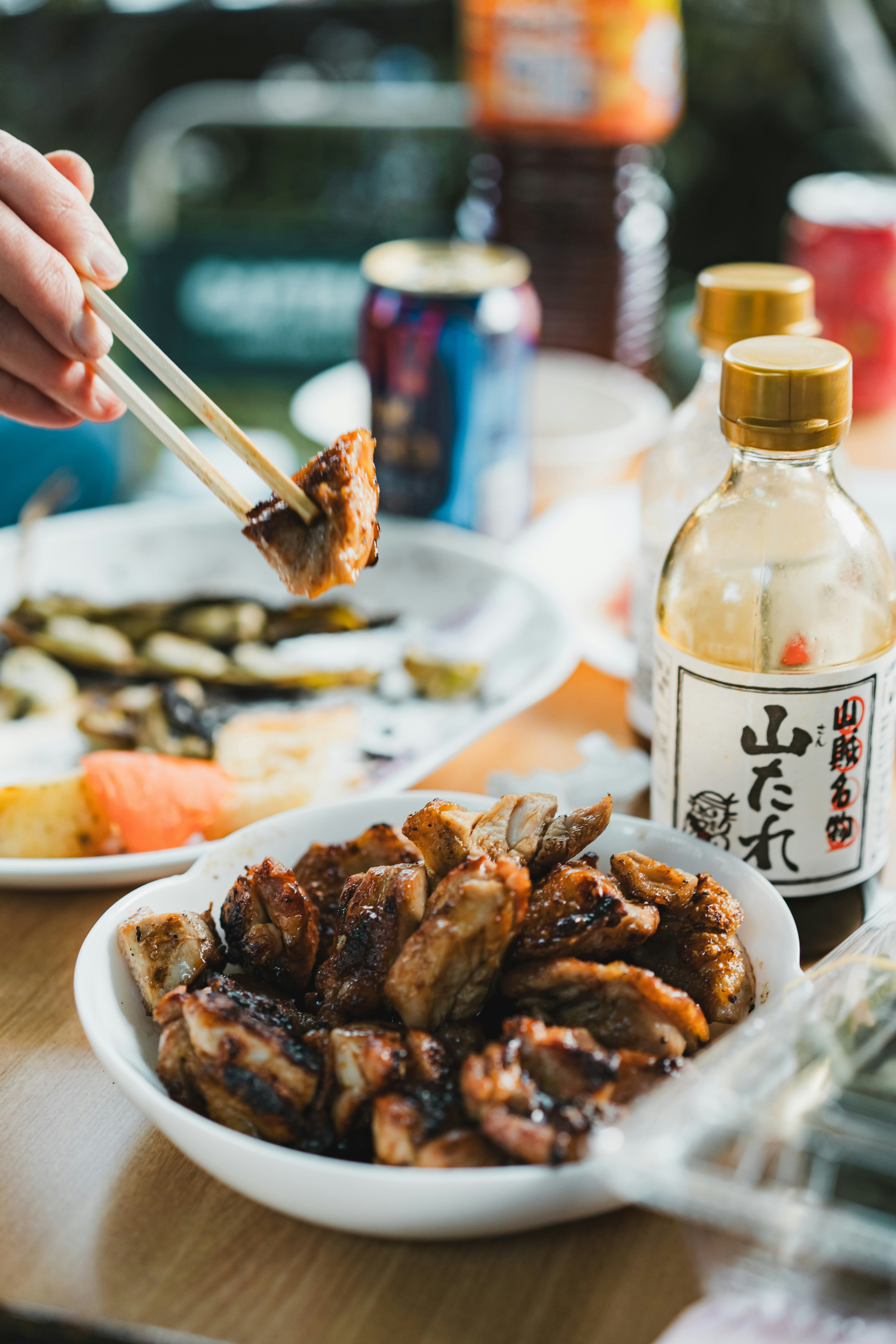 木桌上的烤鸡肉串与调味瓶