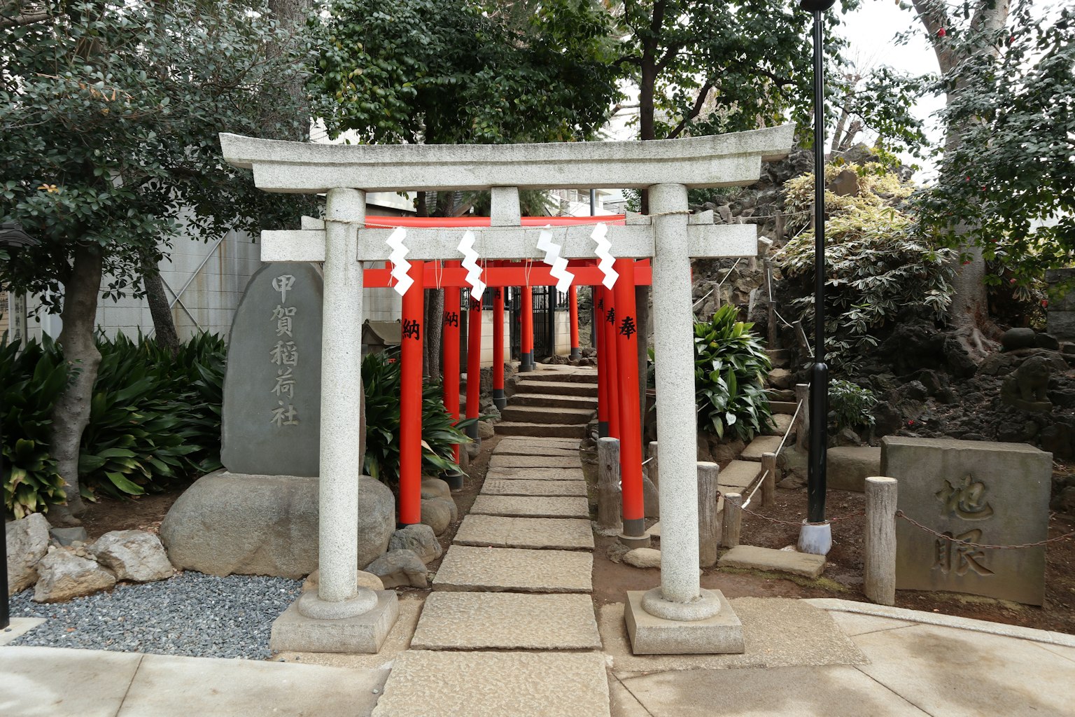 A serene pathway lined with red torii gates and lush greenery