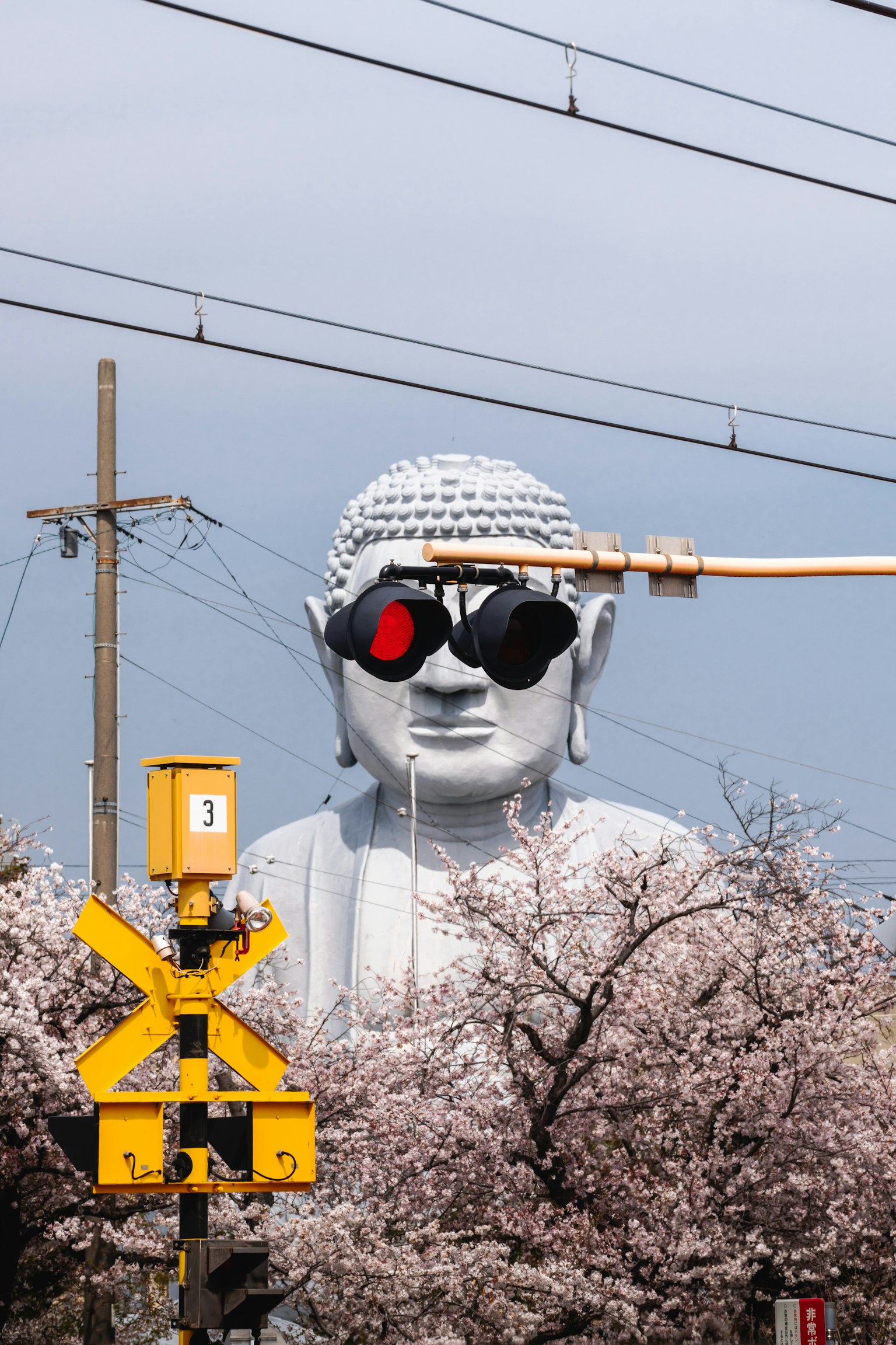 Riesen-Buddha-Statue mit Sonnenbrille und Kirschblütenbäumen sowie Ampel