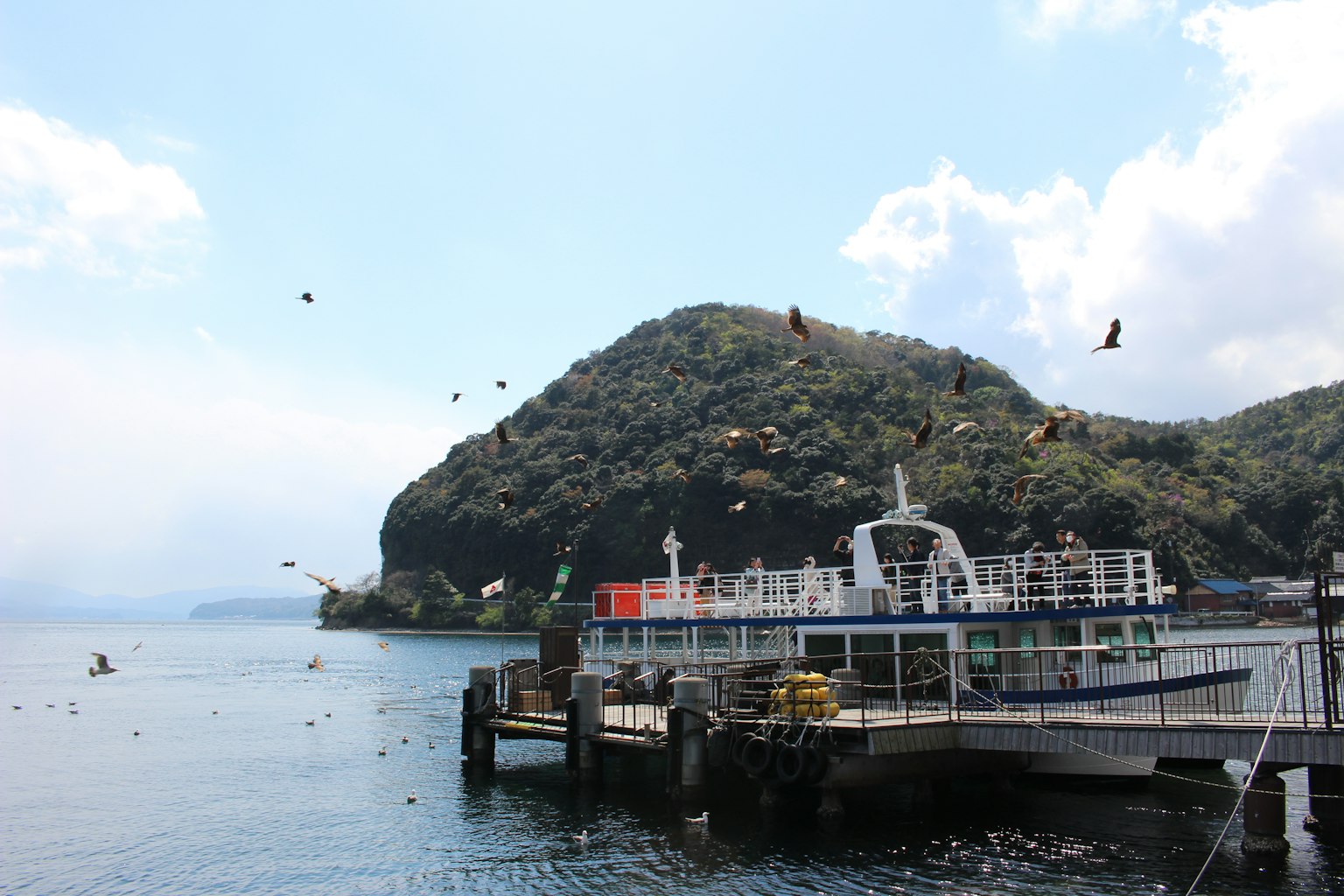 Fähre am Pier mit einem grünen Berg im Hintergrund
