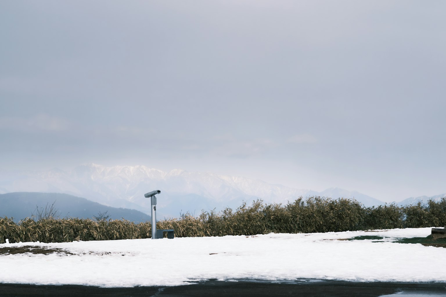 被雪覆盖的风景和远处的山脉在阴云密布的天空下