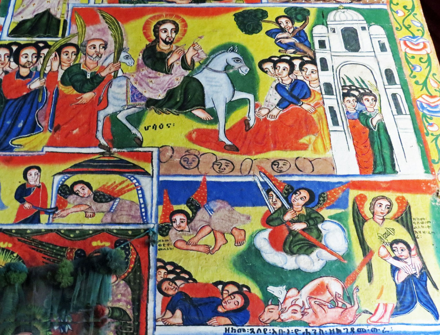 Pintura religiosa colorida que presenta un santo a caballo y varias figuras