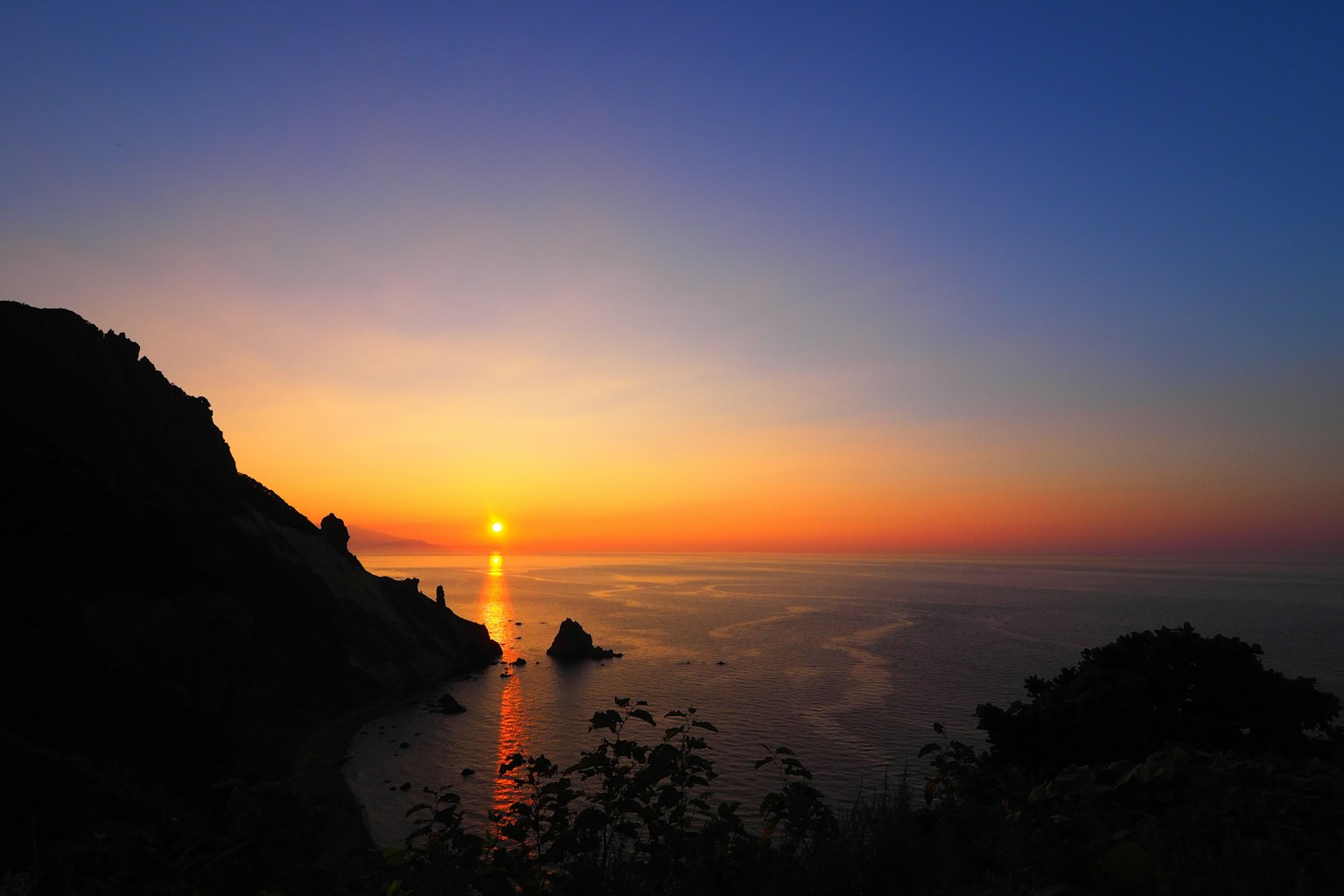 Un magnifique coucher de soleil sur l'océan avec des silhouettes de rochers et de plantes