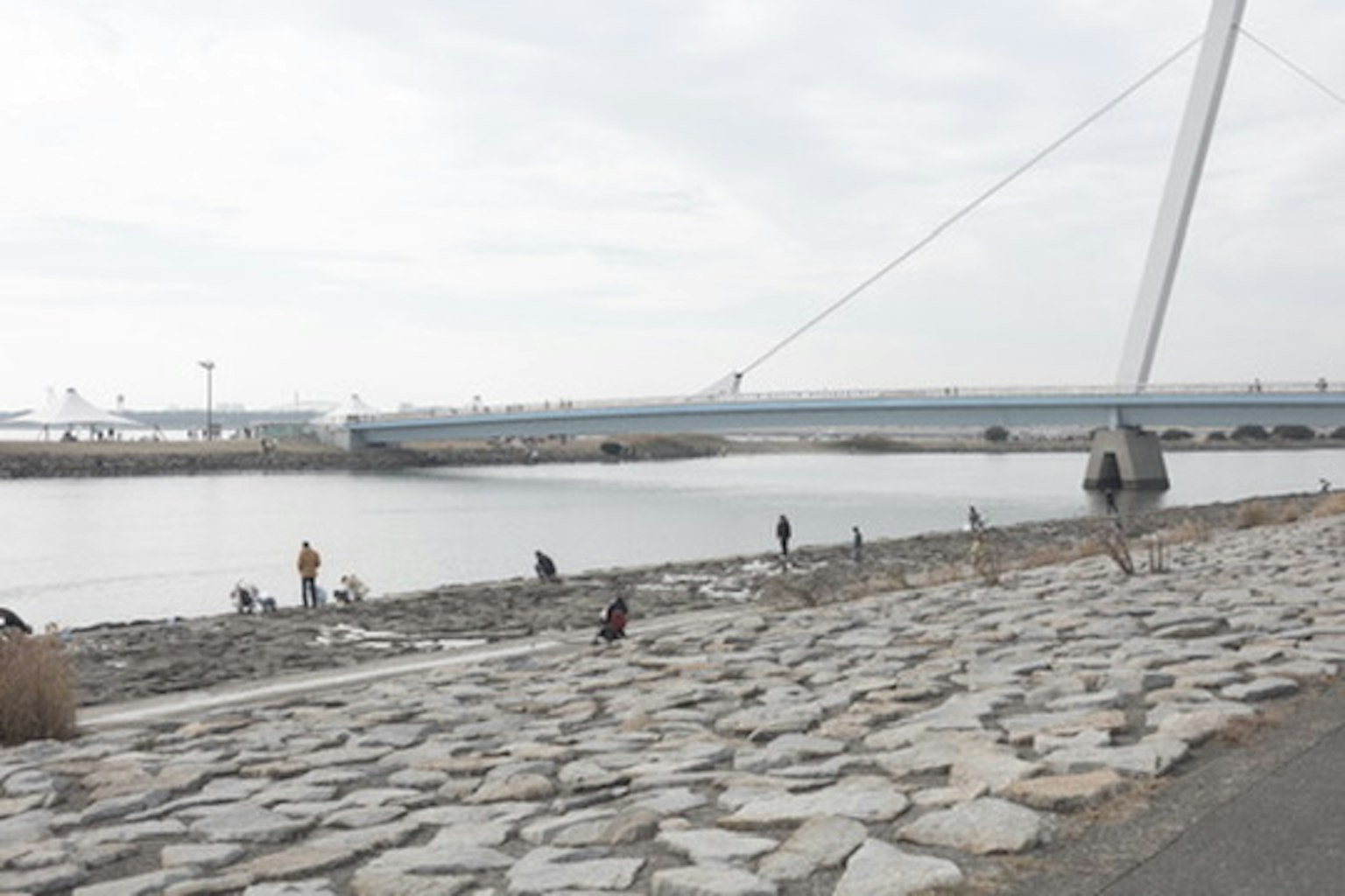 A serene waterfront scene with a stone embankment and people fishing