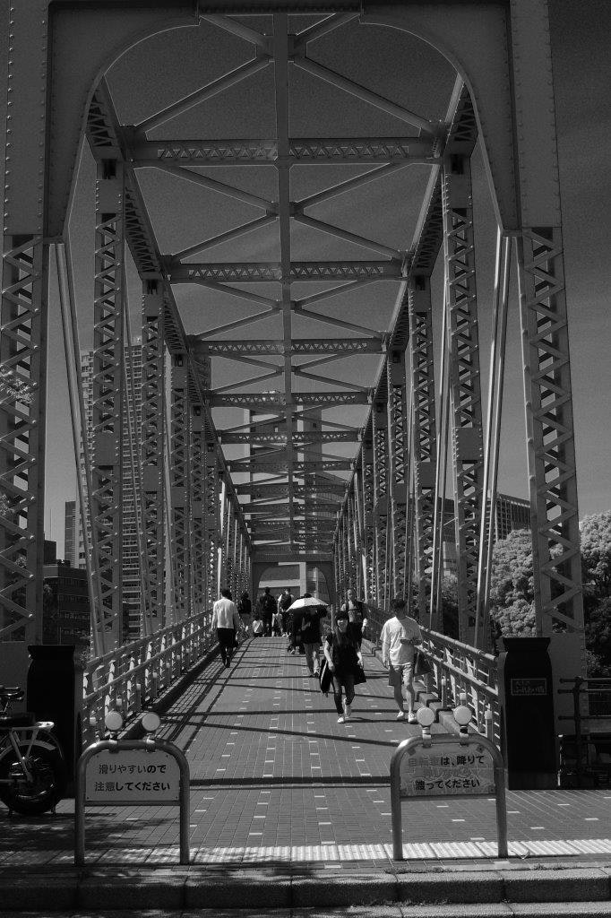 people walking on a steel truss bridge under an arch