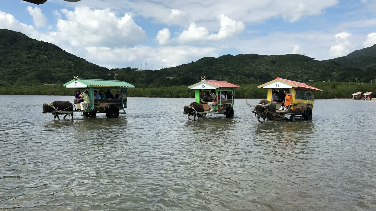Three roofed boats floating on water with mountains in the background
