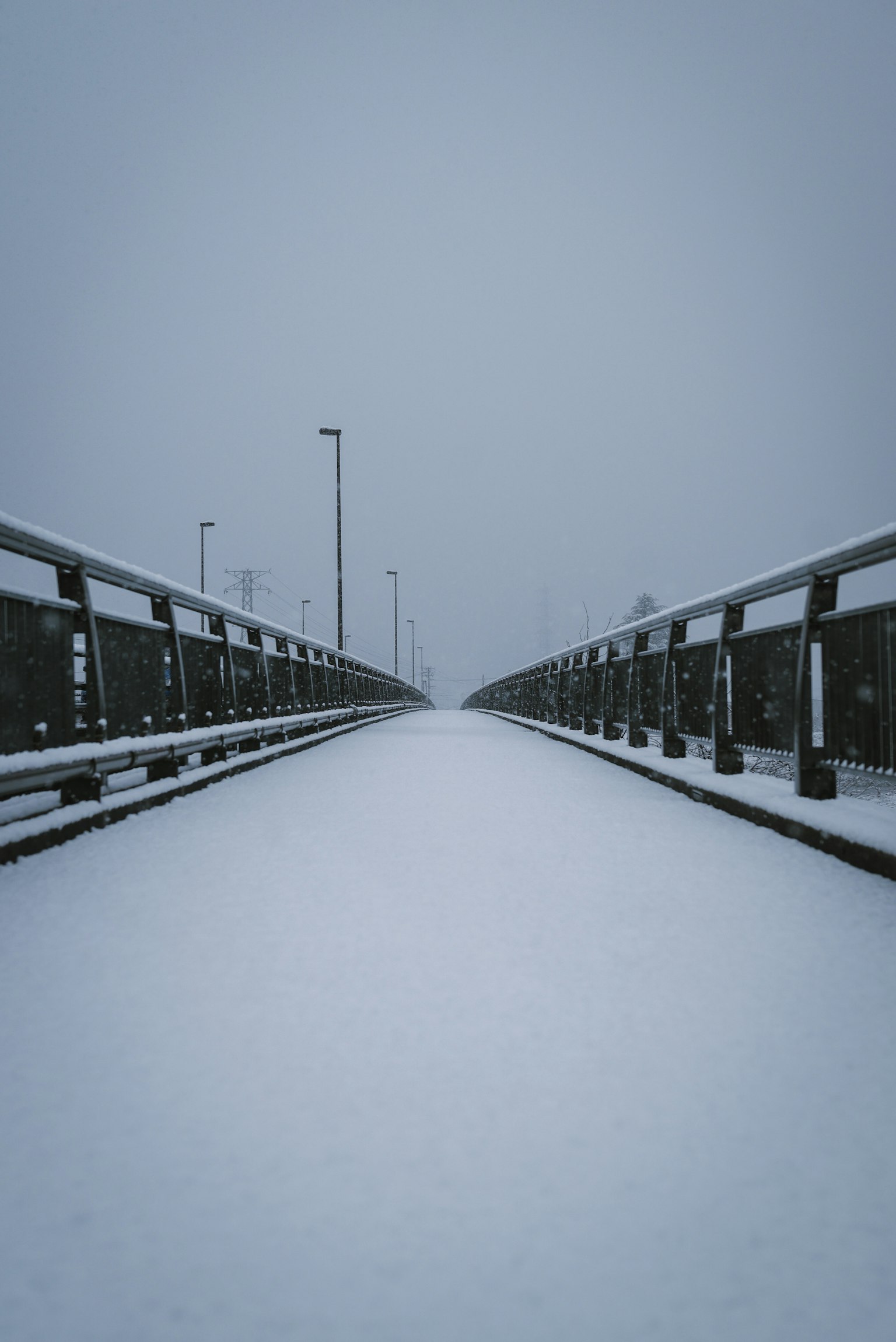 ทัศนียภาพของสะพานที่ปกคลุมไปด้วยหิมะ ราวเหล็กที่อยู่ทั้งสองข้างและท้องฟ้าที่มีเมฆ