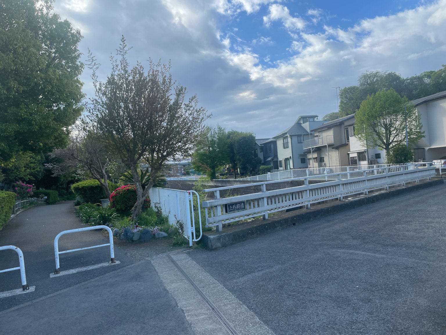 寧靜的住宅區，背景是綠色樹木和小路