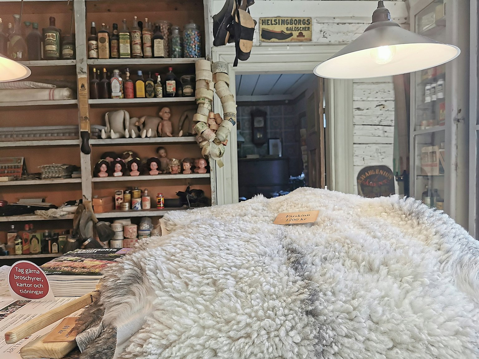 A woolly fabric with a piece of cheese on it under bright lighting with shelves of jars and items in the background