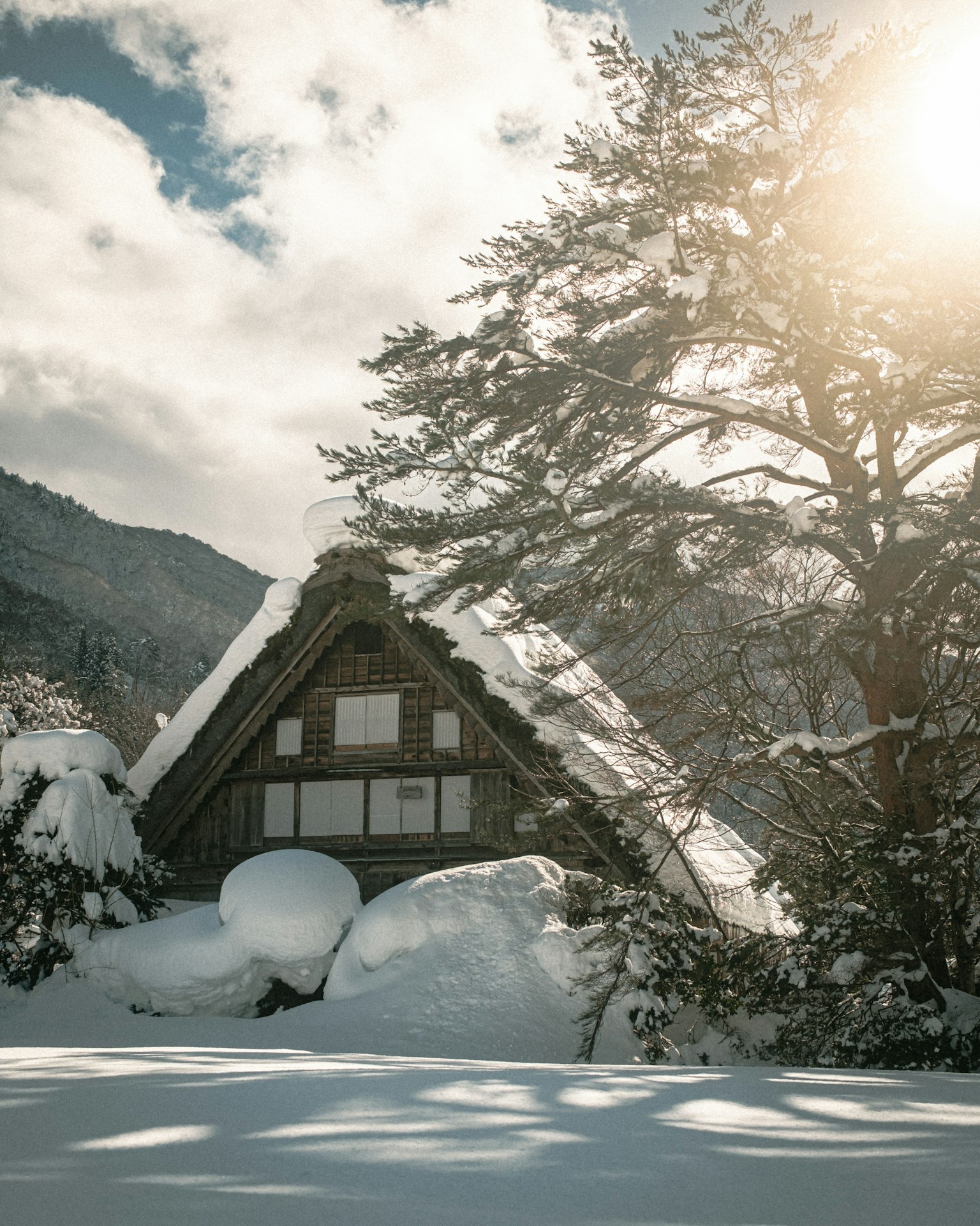 Casa tradicional gassho-zukuri cubierta de nieve con árboles alrededor