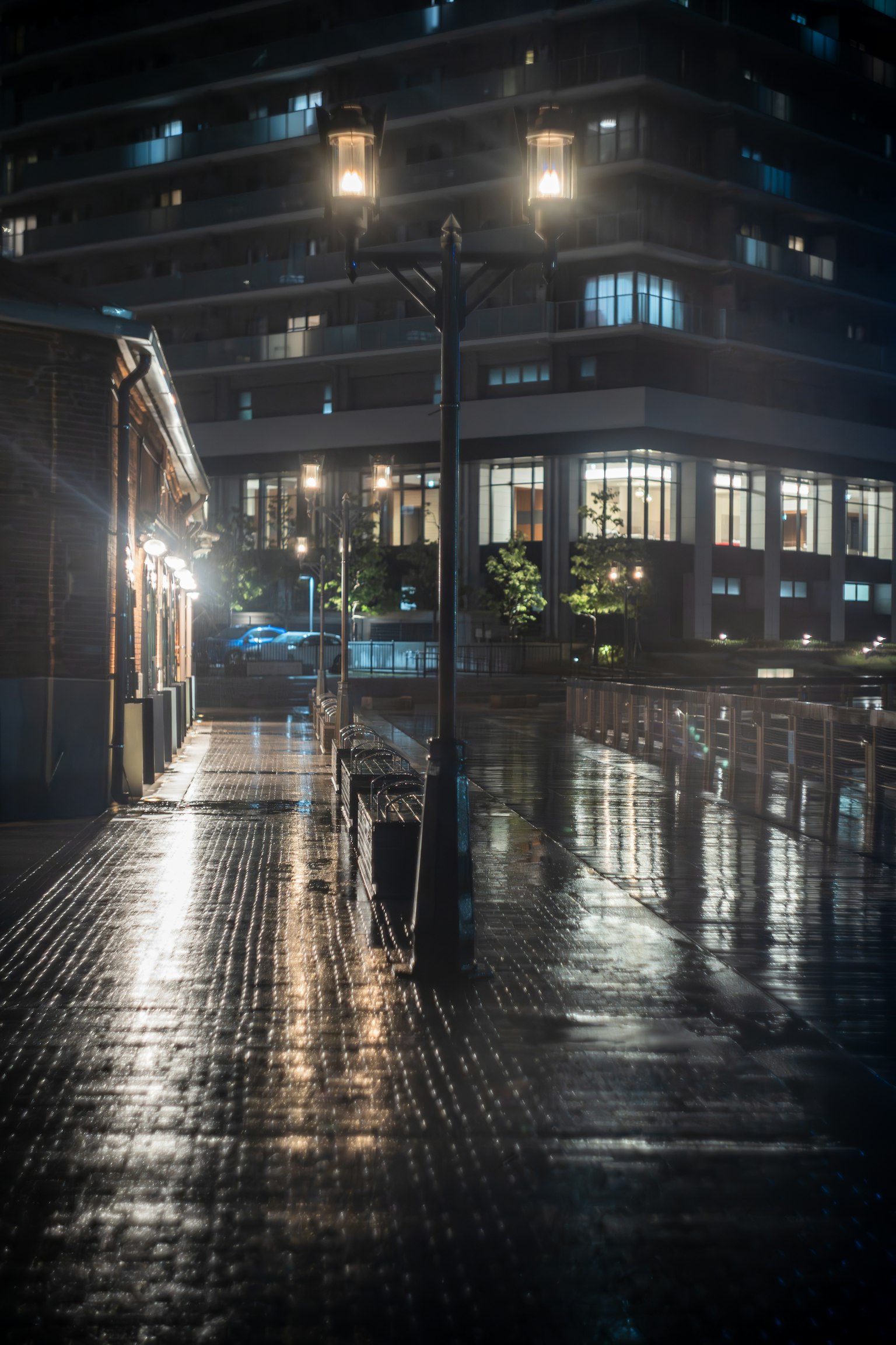 Night scene with wet sidewalk illuminated by street lamps