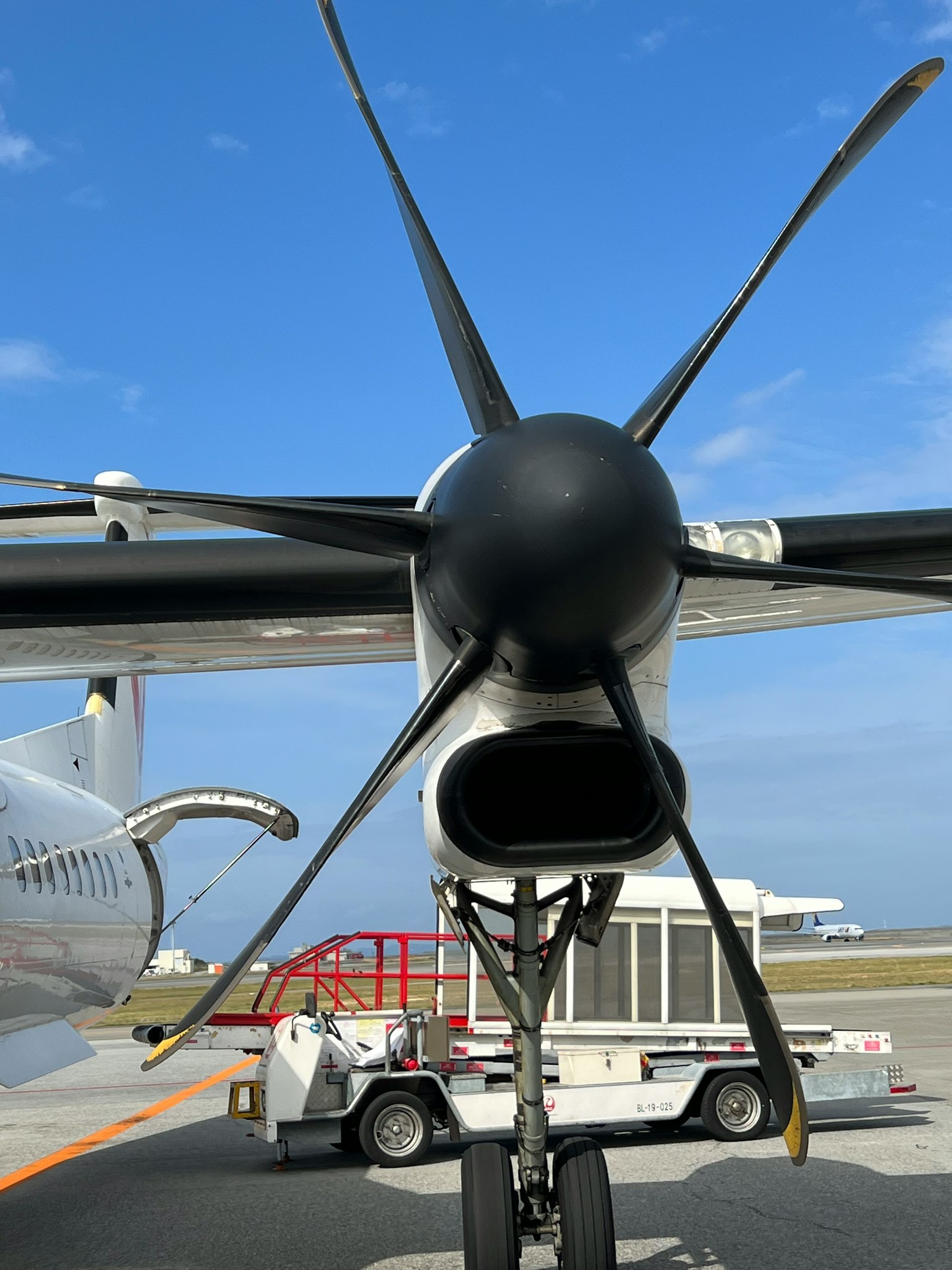 Sicht von hinten auf ein Propellerflugzeug mit Propeller und Motor