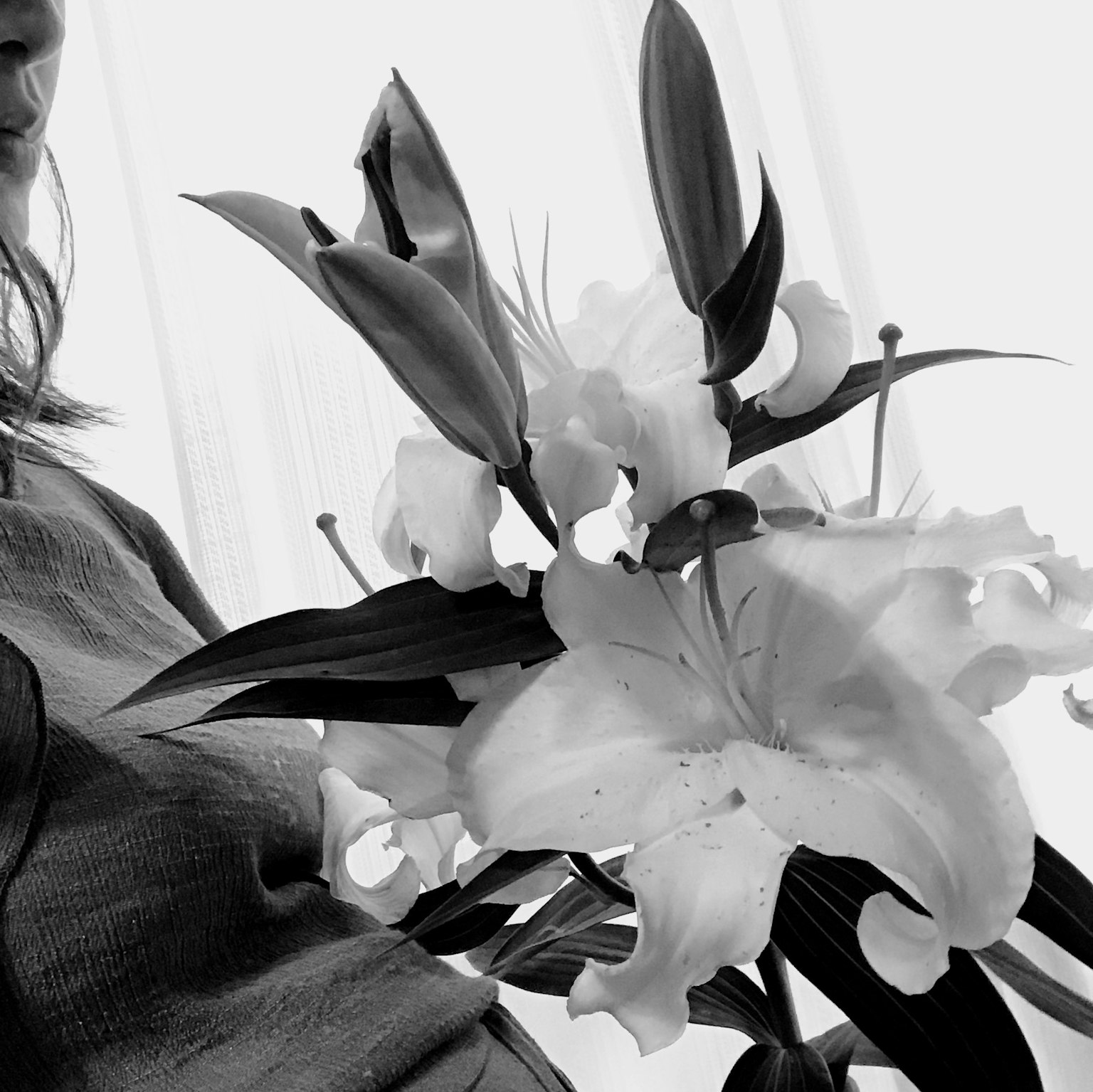 Perfil de una mujer sosteniendo grandes lirios blancos contra un fondo en blanco y negro