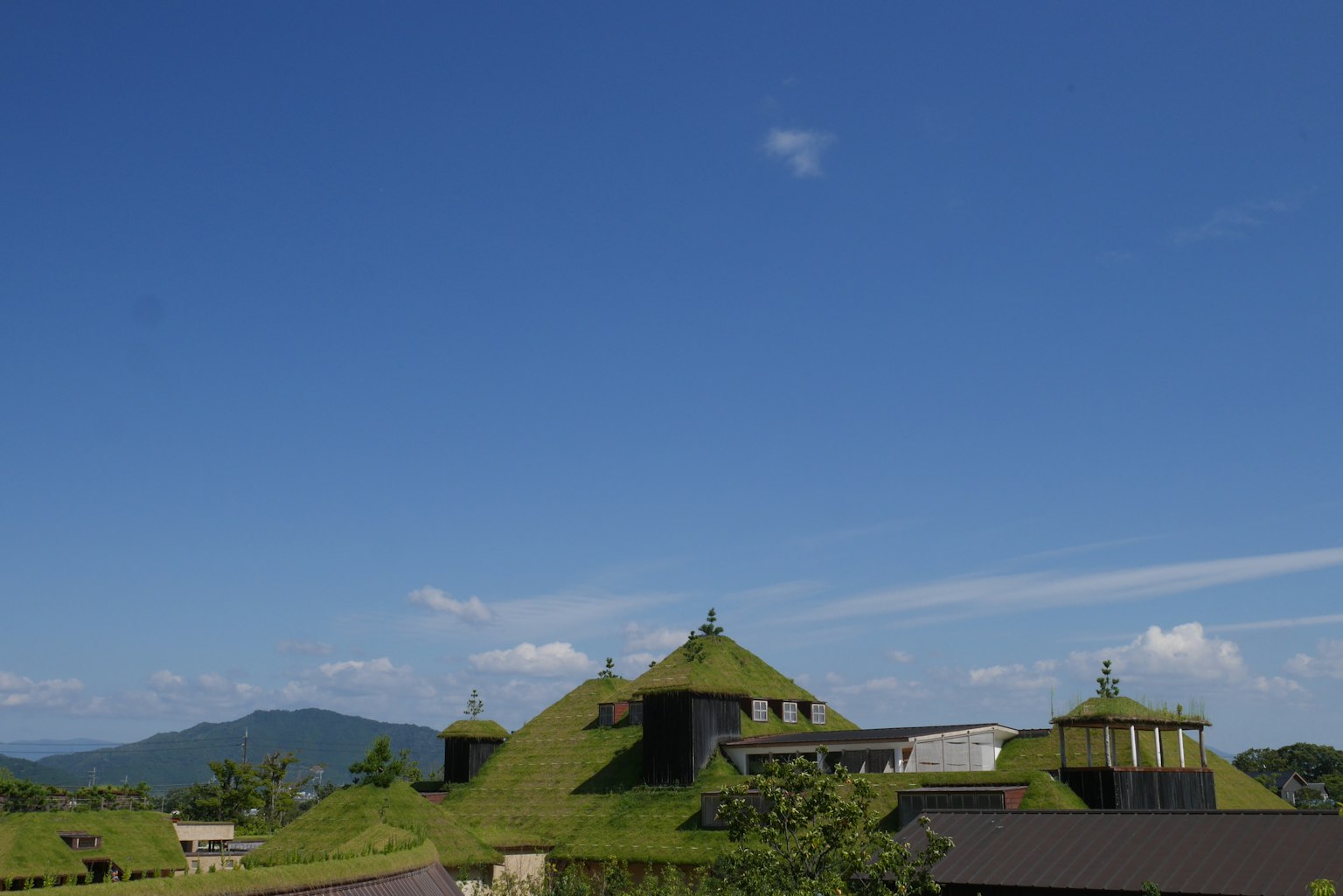 Paesaggio con edifici dai tetti verdi sotto un cielo blu