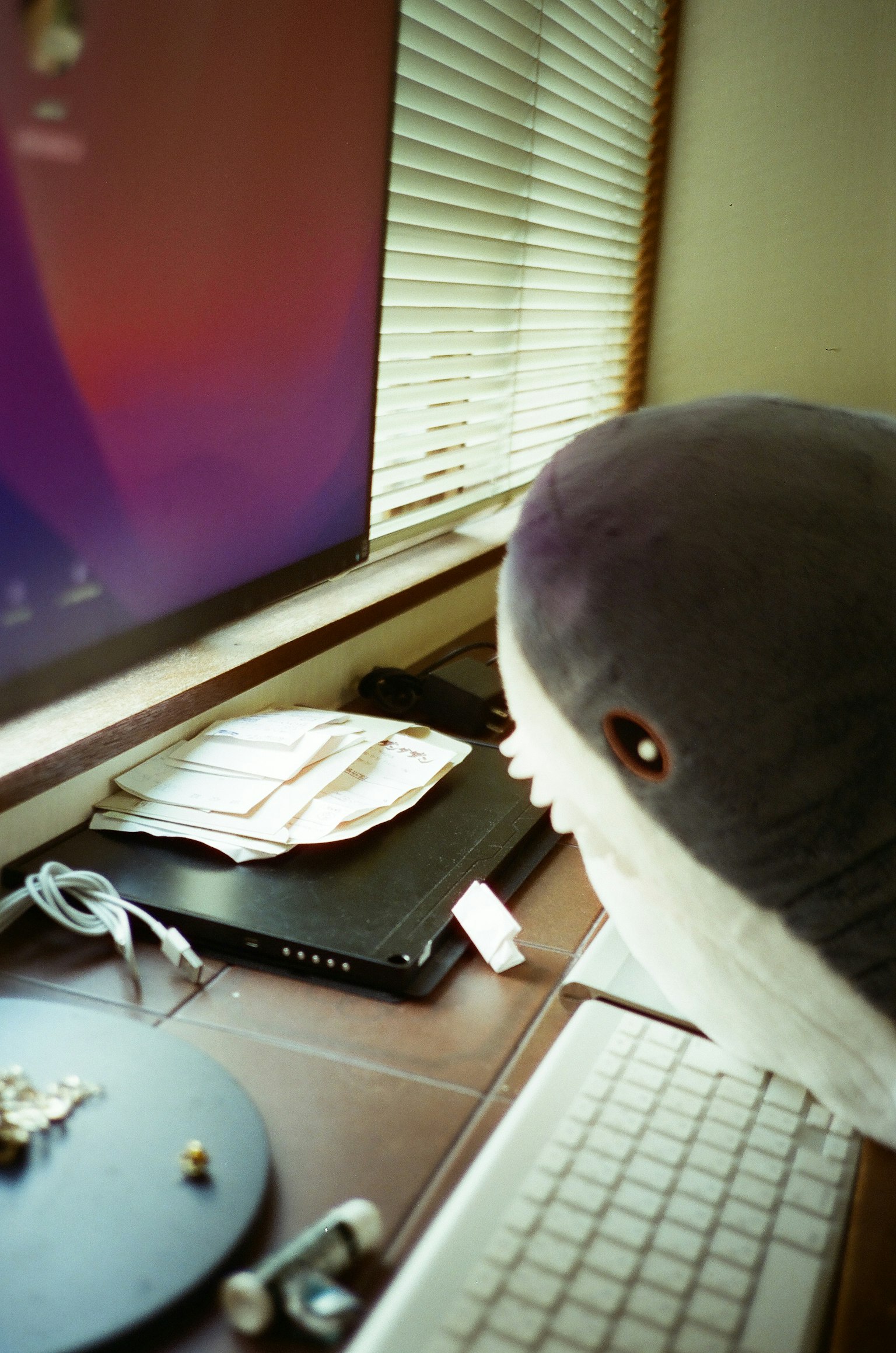 Un jouet en peluche en forme de baleine assis devant un écran d'ordinateur avec divers objets sur le bureau
