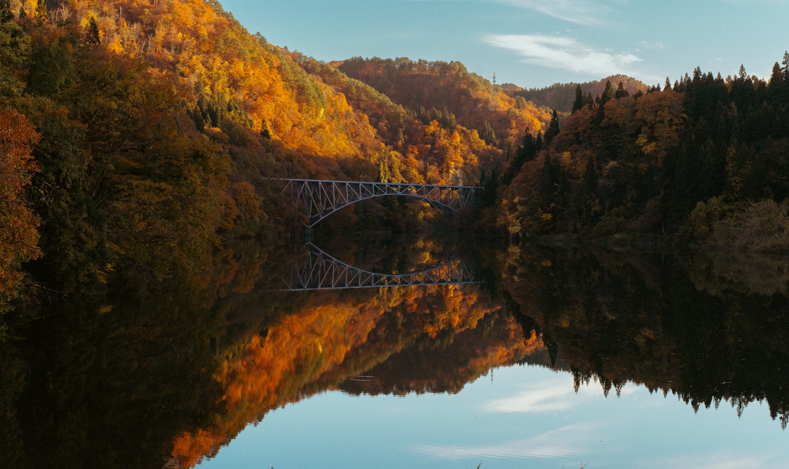 美しい秋の風景に囲まれた橋とその反射
