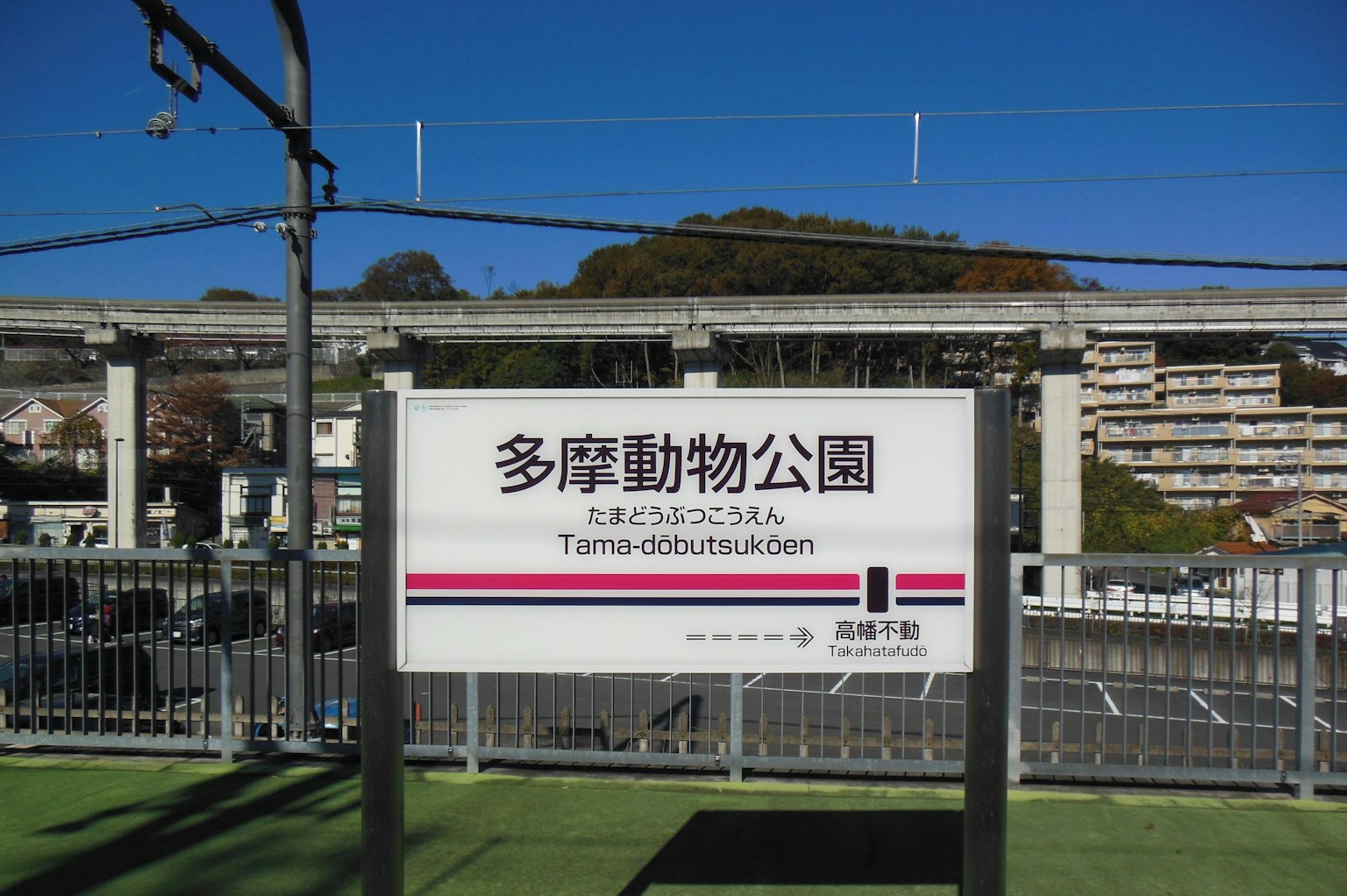 多摩动物园站的标志在晴朗的蓝天下