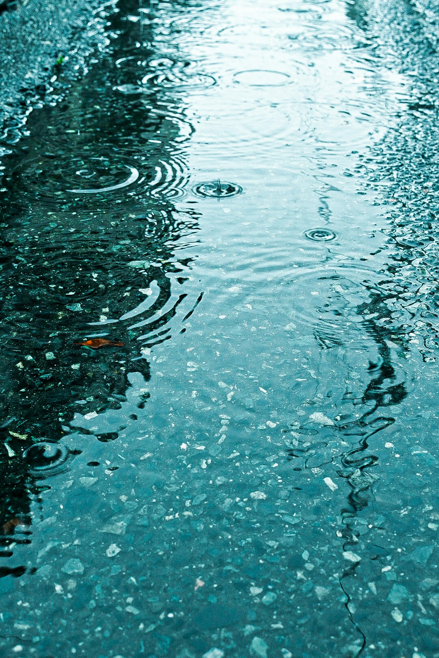Flaque reflétant le paysage urbain avec des ondulations de pluie