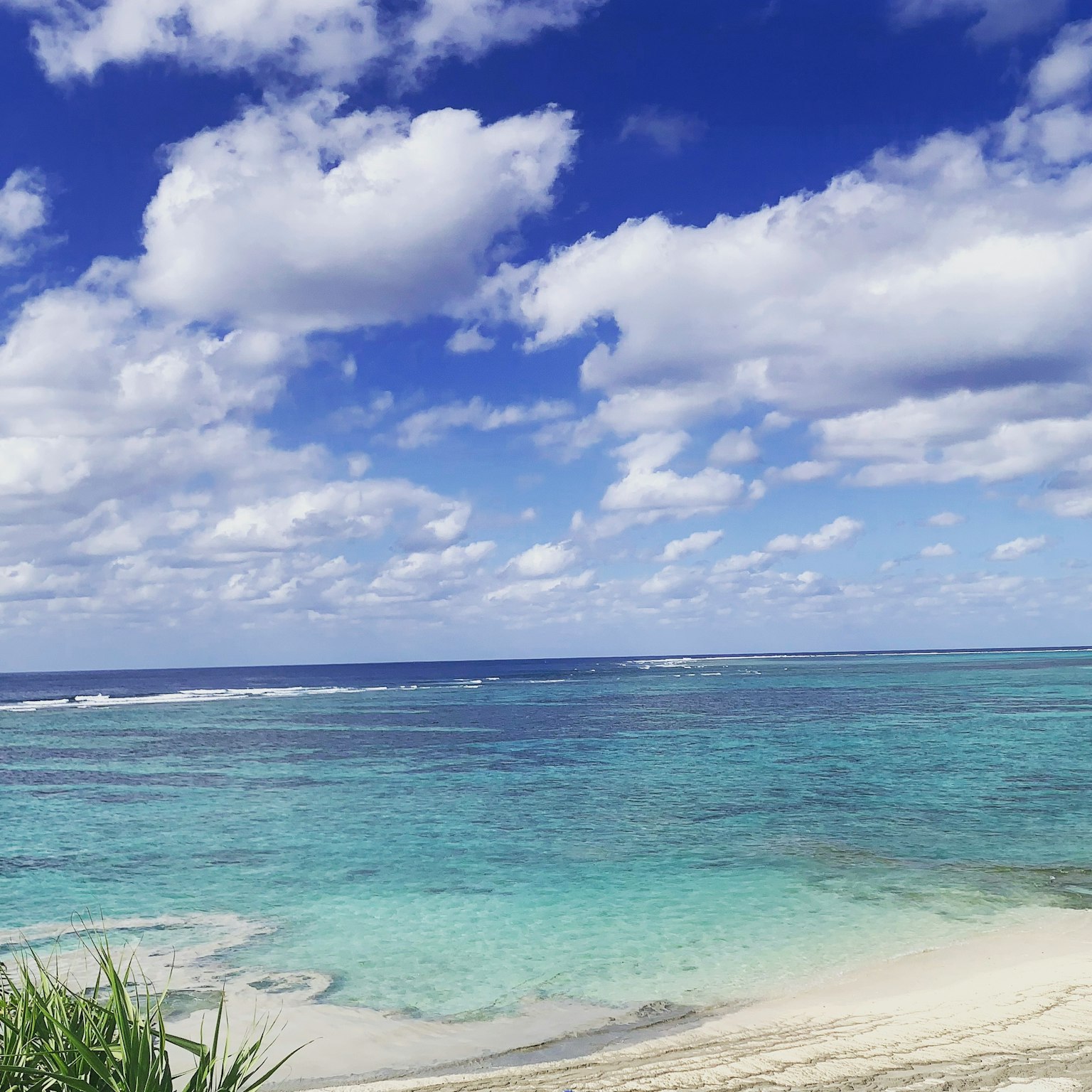 Beautiful beach landscape with blue ocean and white sandy shore under a bright sky with fluffy clouds