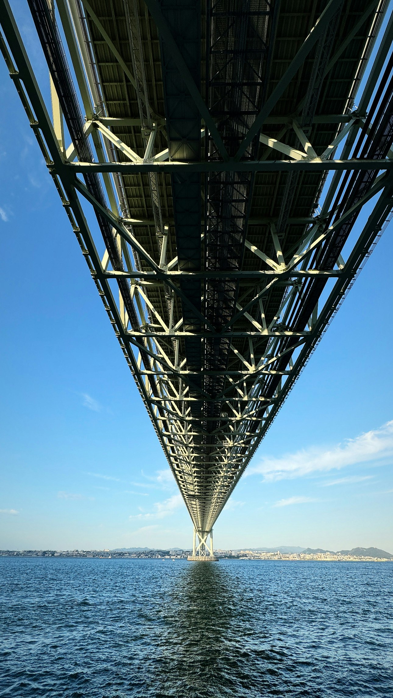 Photo of a bridge viewed from underneath showcasing its structure blue sky and water surface