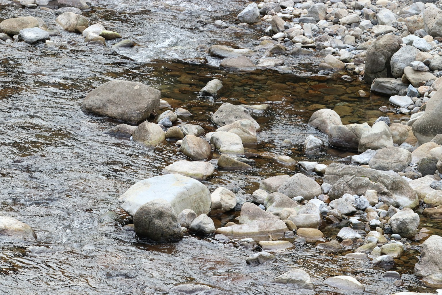 流动的河流与各种石头和卵石