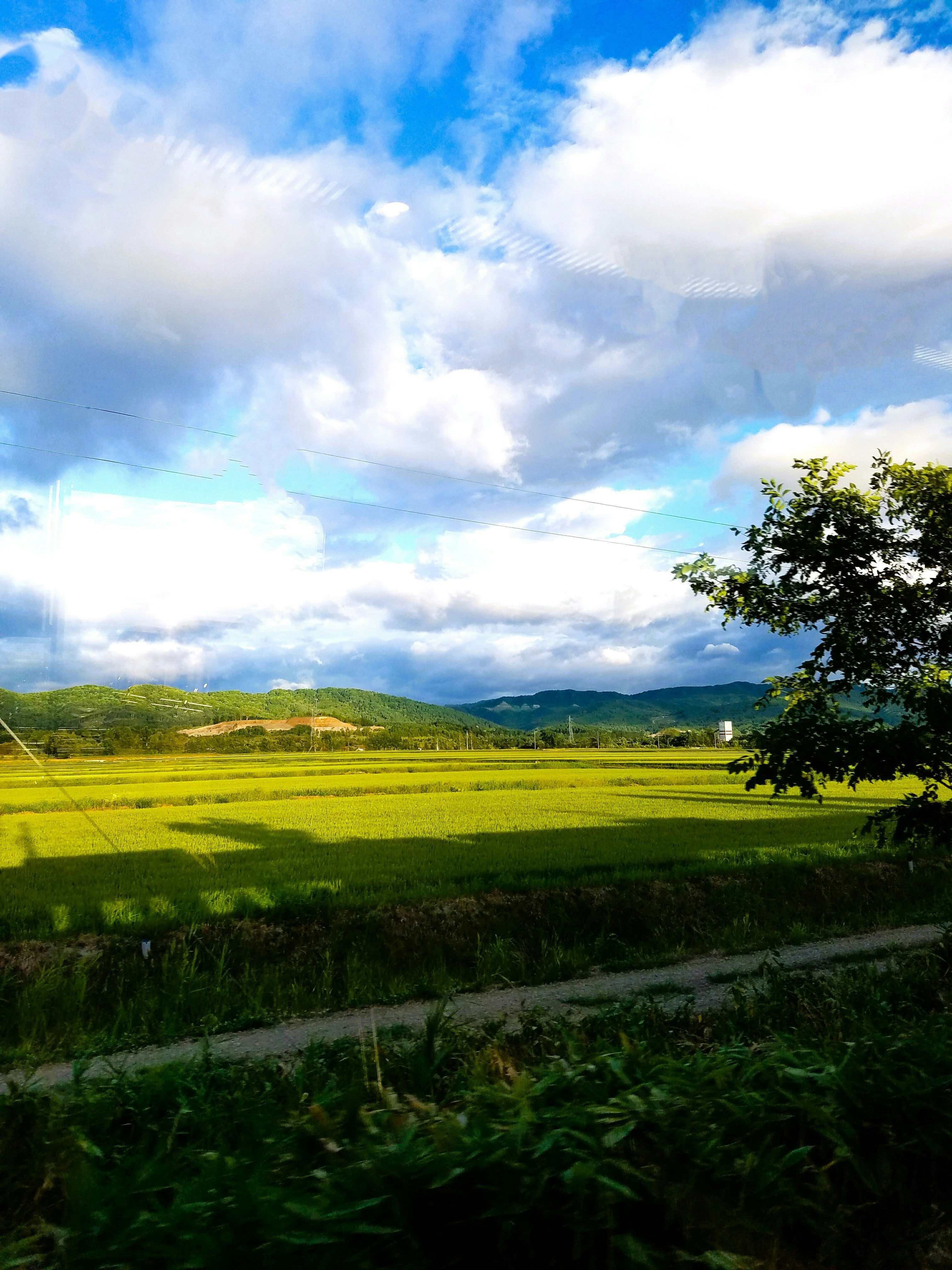 北海道・芦別市の田園風景と夏空の車窓