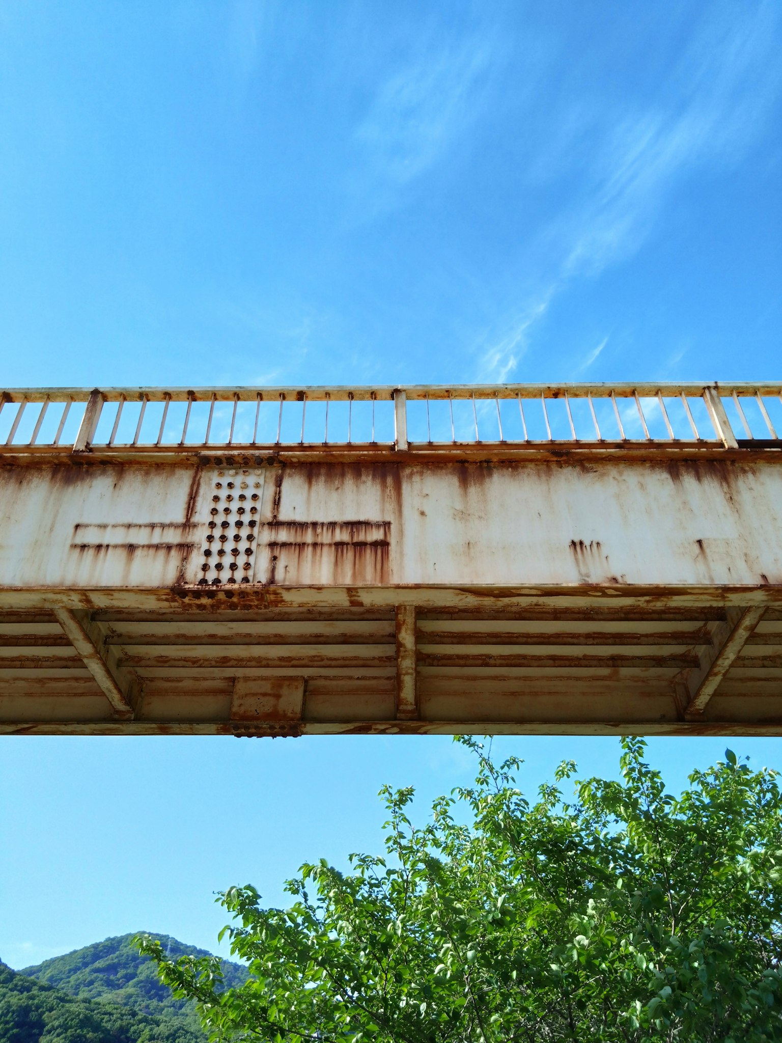 Rostige Brücke von unten mit klarem blauen Himmel und grünem Laub