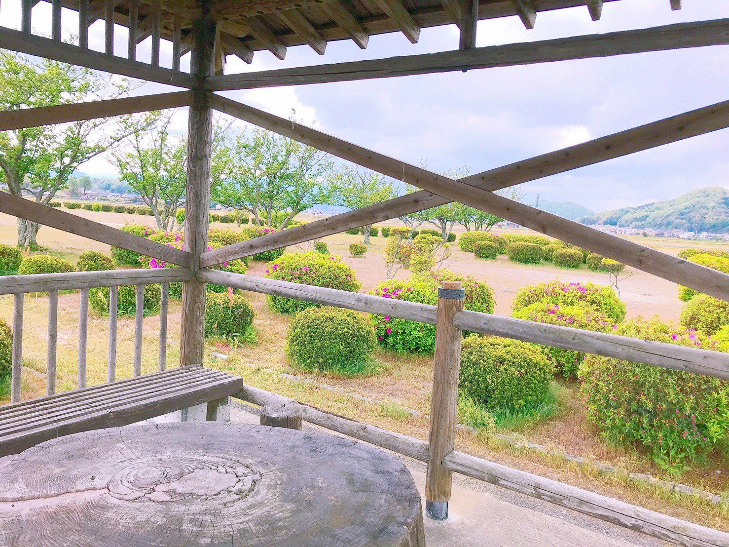 Vista su una collina da un giardino con recinzione in legno e panchina