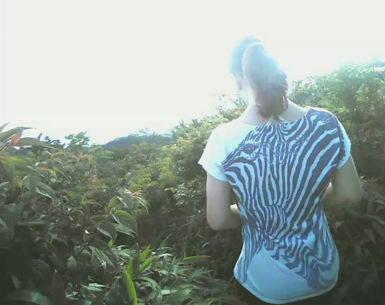 Una mujer con una camiseta de patrón de cebra de pie en la naturaleza