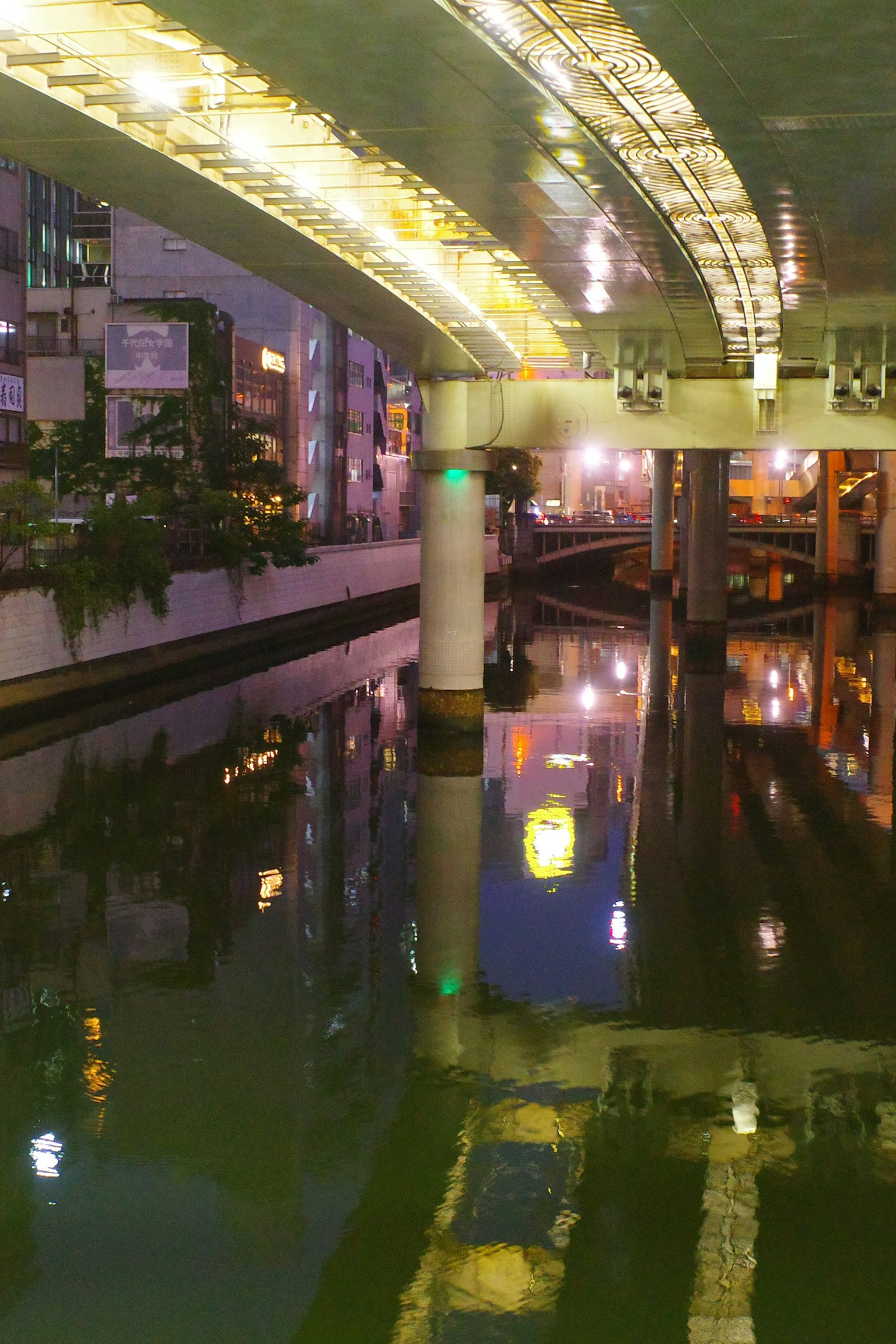 夜の都市の運河の風景 橋の下に映る光と水面の反射
