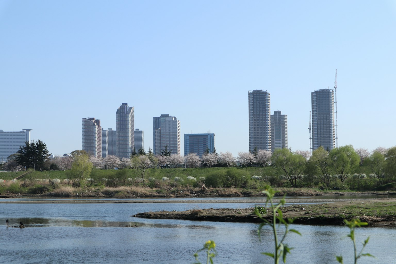 Stadtansicht mit hohen Gebäuden und einem Fluss unter klarem blauen Himmel