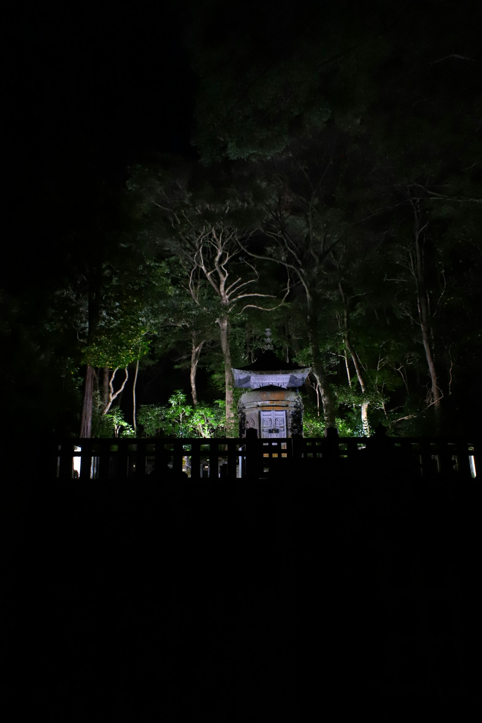 Una struttura simile a un santuario illuminata in una foresta buia circondata da alberi